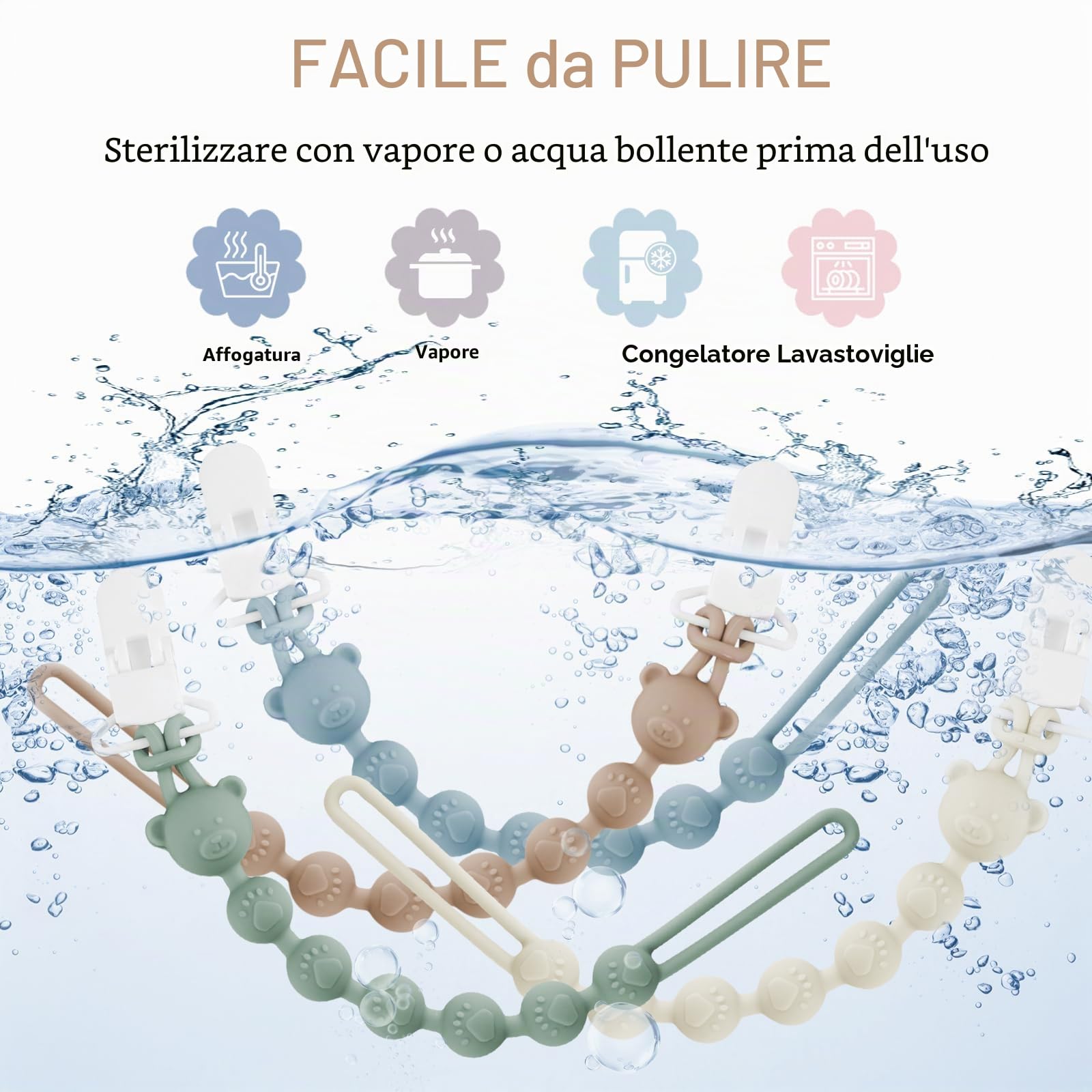 Confezione da 4 catenelle per ciuccio, in silicone con clip di sicurezza, per ragazzi e ragazze, Pacifier Chain e clip per ciuccio, facile da pulire, catene per ciuccio per passeggini e