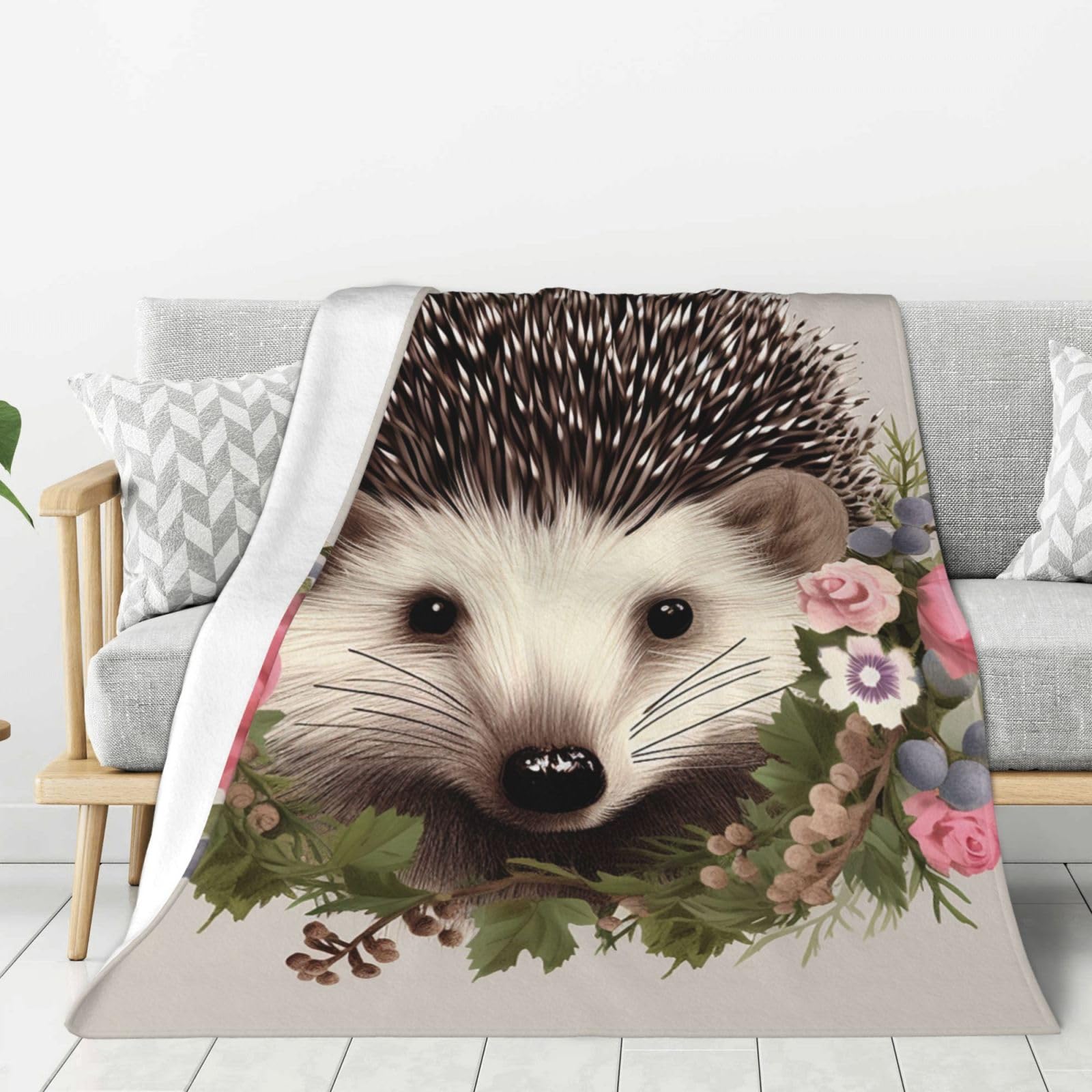 Hedgehog in Floral Wreath Throw Blanket Plush Flannel Fleece Blanket, Soft Lightweight Cozy Blankets 80"X60" for Bed Couch Sofa Travel