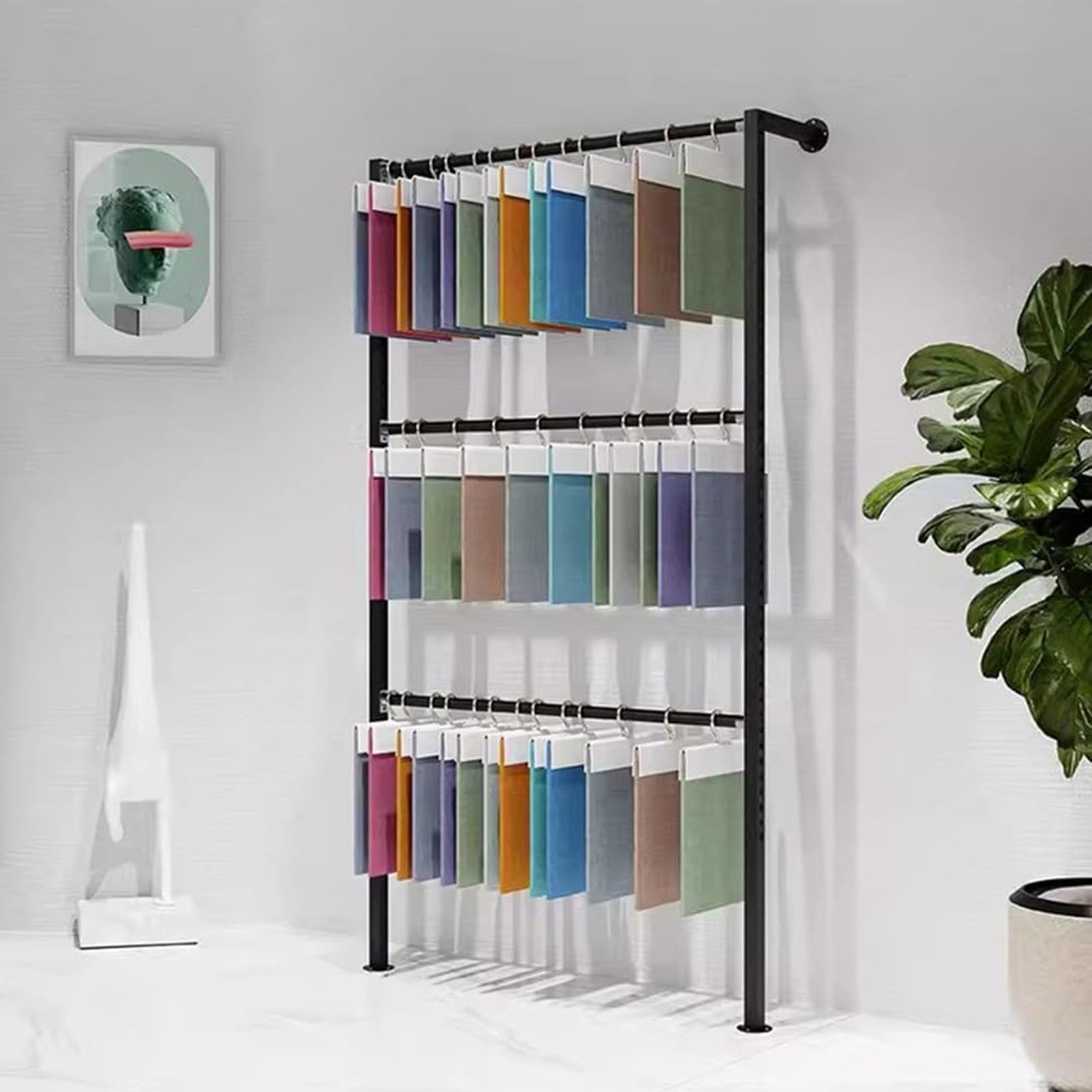 Generico Espositore da Parete per Campioni di Tende, Organizer in Metallo per Sciarpe, Tessuti e Scialli, 7 Misure, 3 Colori (Nero, 200x25x200 cm) - Vetrina Tessile per la casa