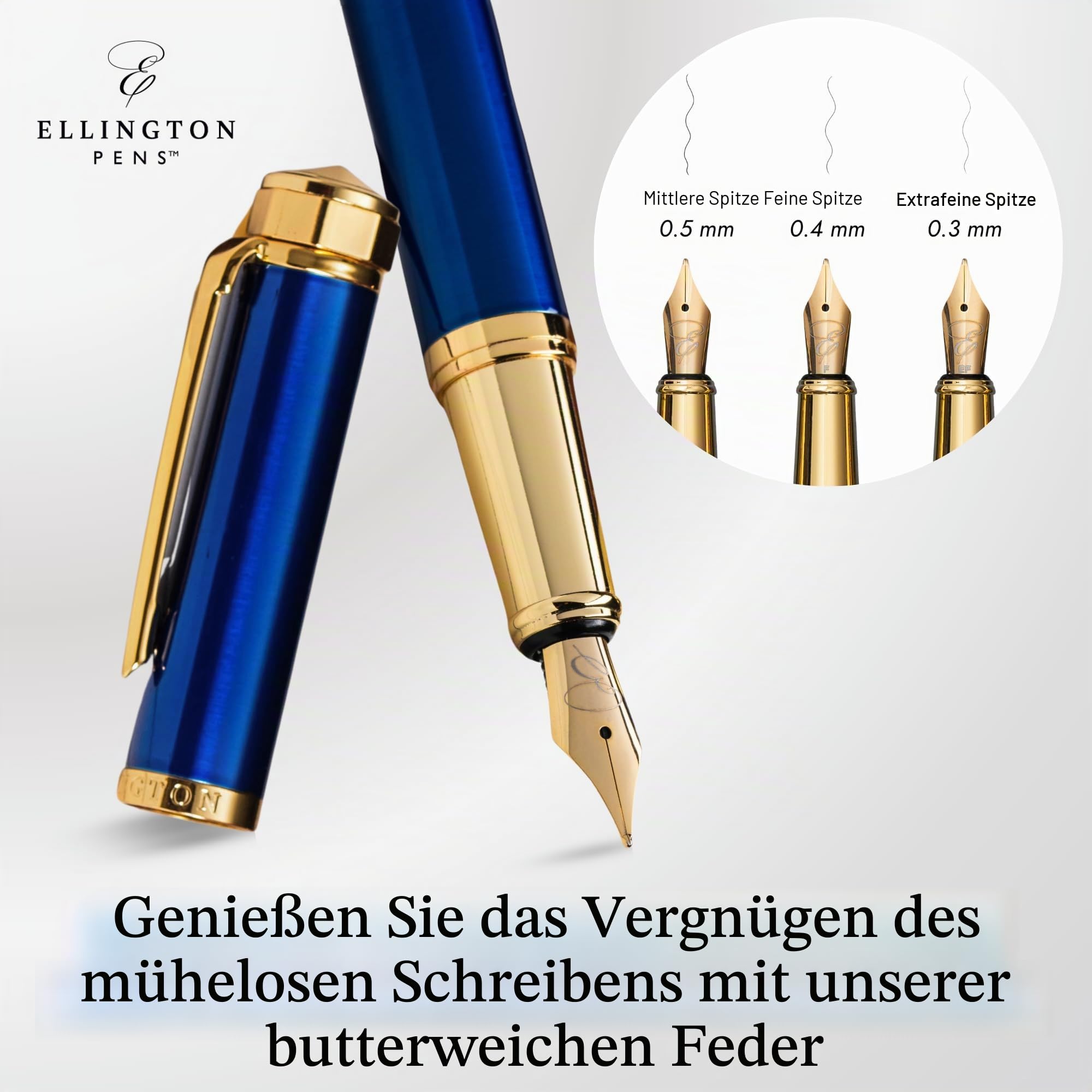 Ellington Pens Luxus Füllfederhalter Set - Füllfederhalter zum Schreiben - Glatte Feine Feder - Inklusive nachfüllbarem Tintenkonverter, 3 Tintenpatronen [Schwarz & Blau], Geschenkbox - Elegante