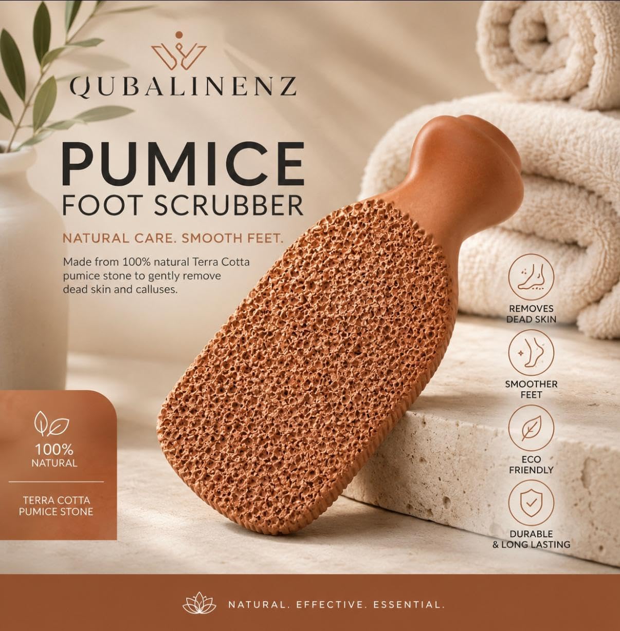 QUBA LINEN Piedra pómez para pies – Estropajo de pies de terracota de 2 lados, piedra exfoliante profesional de arcilla para pies, manos y cuidado corporal, piedra pómez para eliminar callos de pies