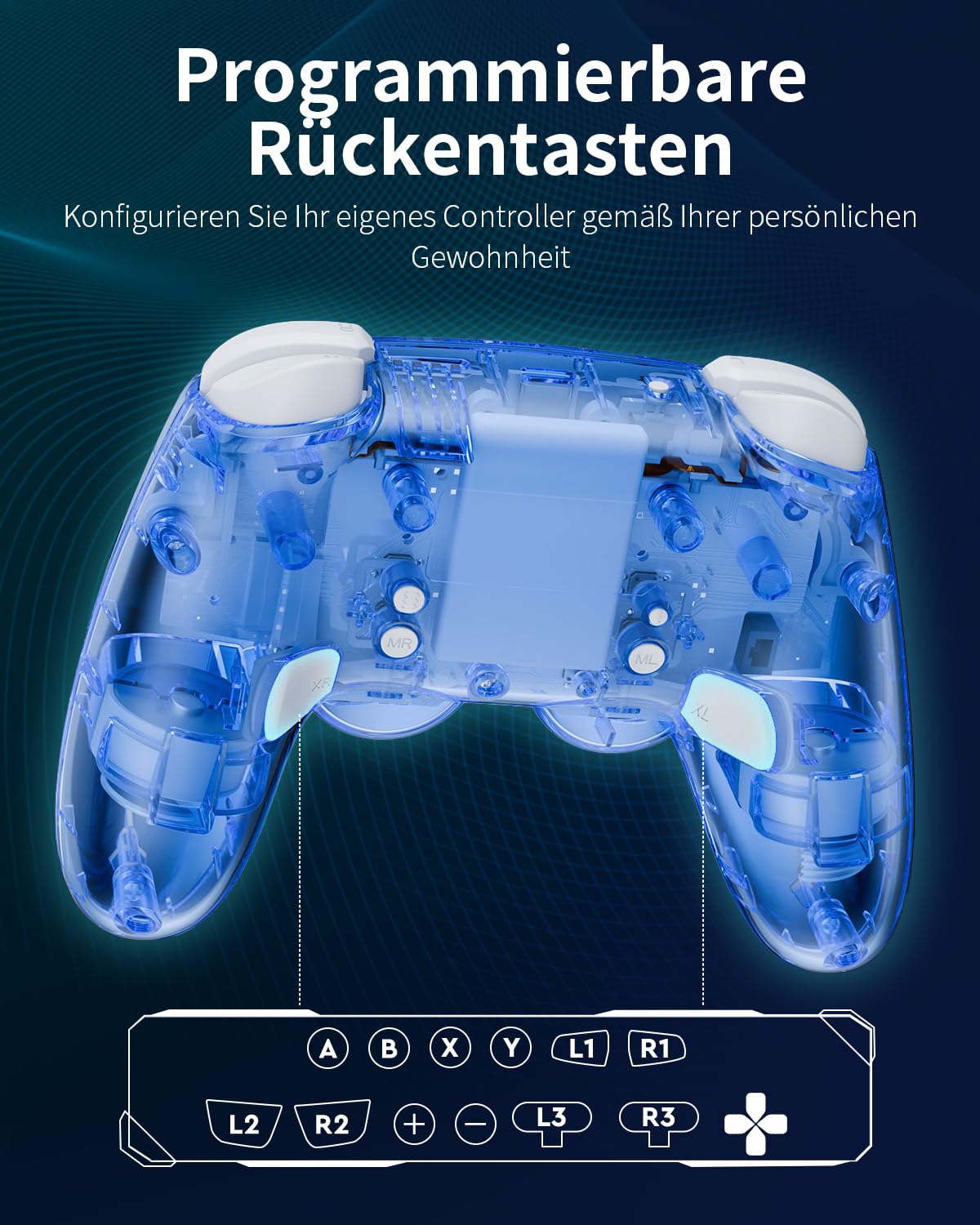 PALPOW Switch 2 Controller mit Switch 1/2/OLED/Lite, Hall-Effekt-Joysticks Pro Controller mit 7 RGB LED/Makro Paddles/Bluetooth/Bewegungsaufnehmer/6-Achsen-Gyro/Turbo,Transparent Blau