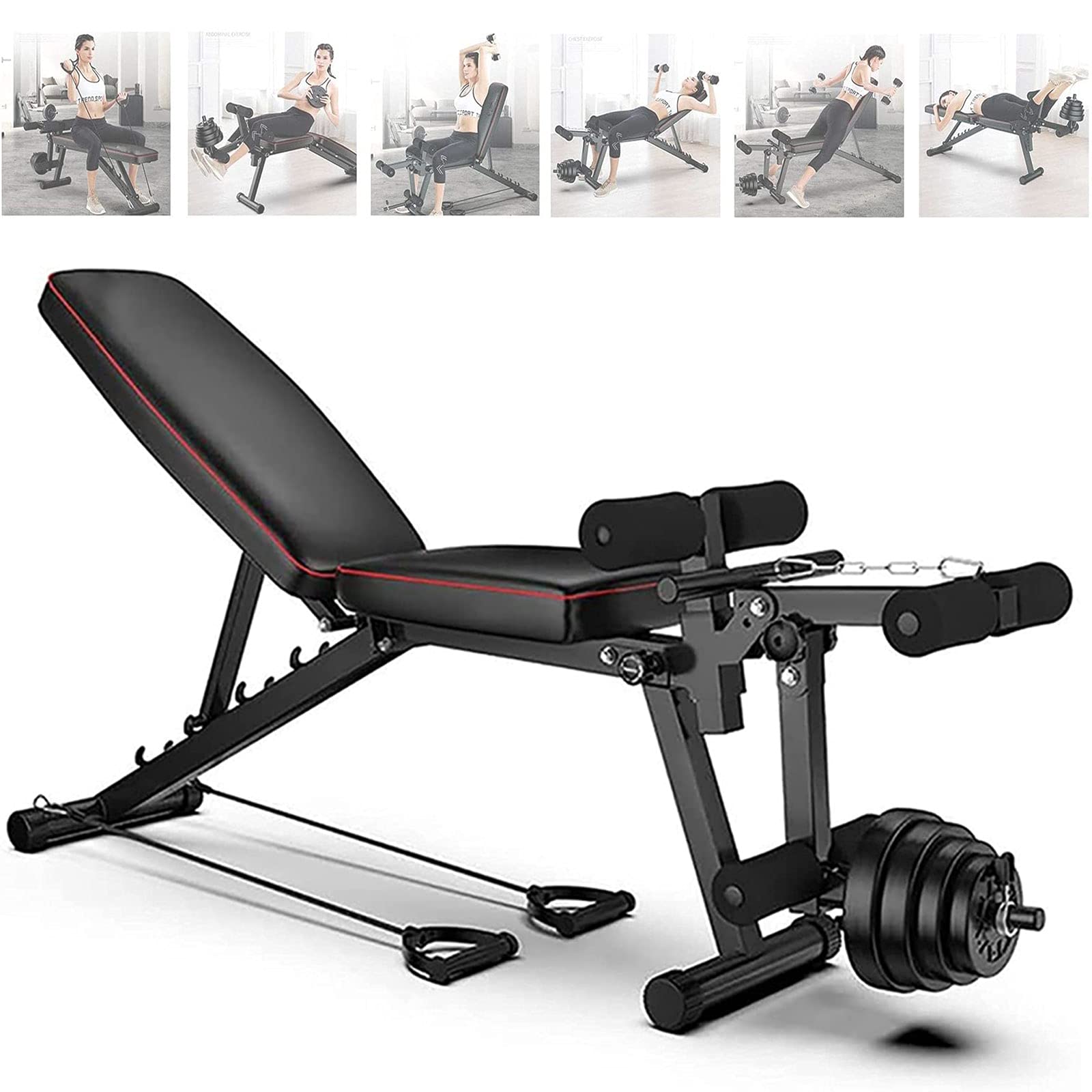 Banco de Pesas Ajustable Plegable Banco De Musculacion Multifuncional, Banco de Ejercicios de Inclinación/declive Multiusos con Respaldo Ajustable/Fijación de Piernas para Gimnasio en Casa
