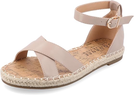 Journee Womens Flat Espadrille Strappy Crisscross Open Round Toe Sandal - Lyddia Buckle Ankle Strap Platform