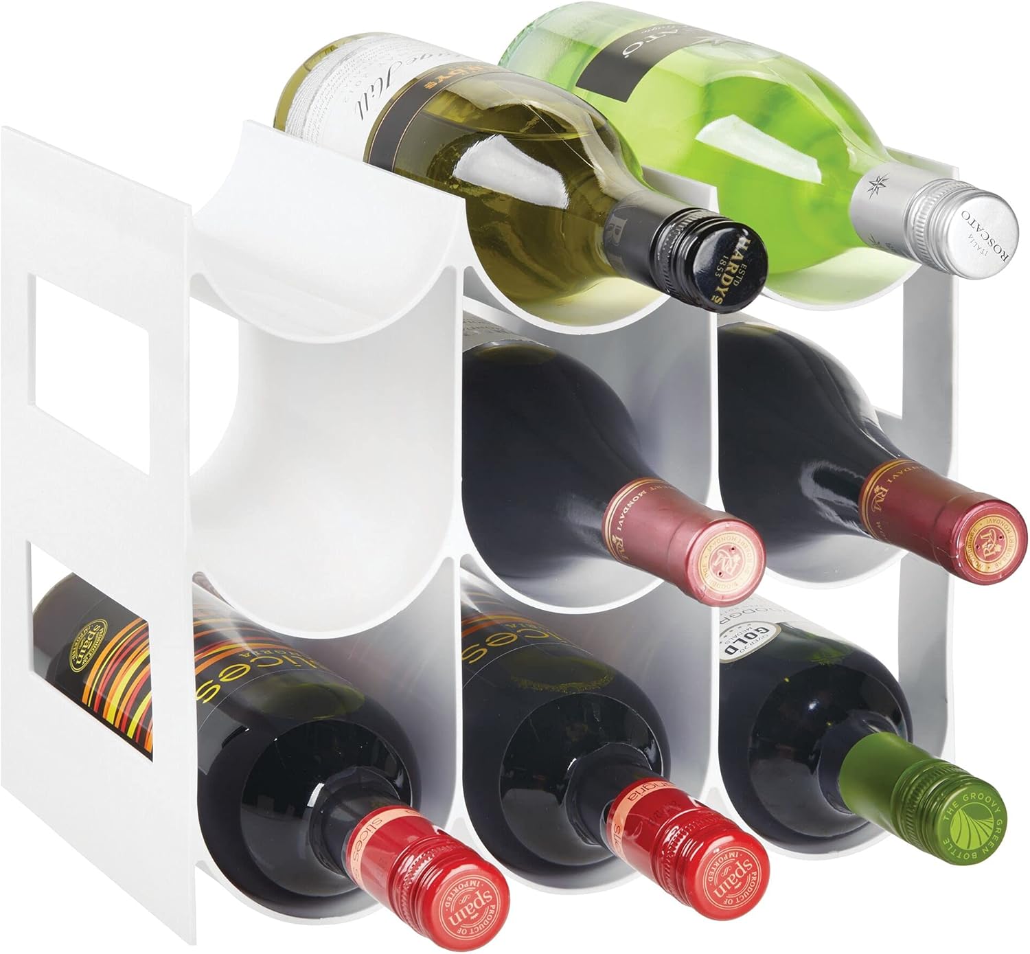 mDesign Plastic Free-Standing Water Bottle Organization/Wine Rack Storage Organizer for Kitchen Countertops, Cabinet, Bin, Pantry, Fridge, Refrigerator, 3 Tiers, 9 Bottles, Lumiere Collection - White : Home & Kitchen