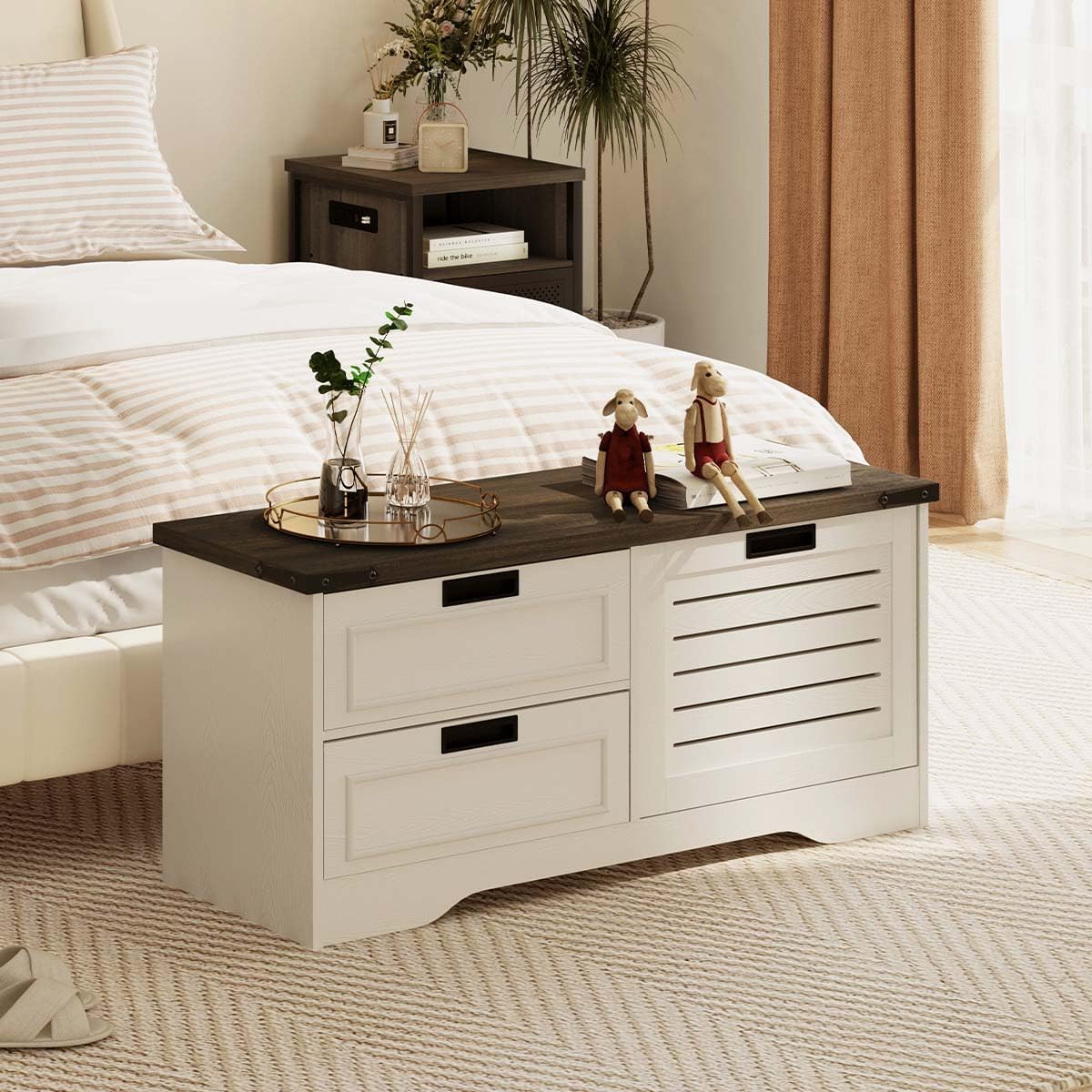FATORRI Shoe Storage Bench with Flip Drawer, Wooden Entryway Bench, Modern Shoe Cabinet with Removable Drawers for Hallway, Living Room (Walnut Brown & White Oak)