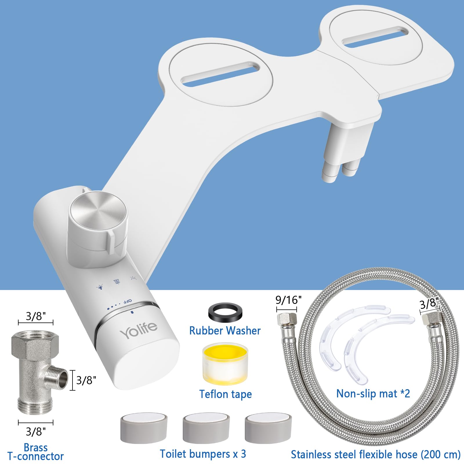 Yolife Bidet, Ultra-Slim Bidet-Aufsatz für Toilette mit Nicht Elektrischer Selbstreinigender Doppeldüse (Hintere/Weibliche Reinigung), Einstellbarer Wasserdruck(Mit 2m Schlauch)