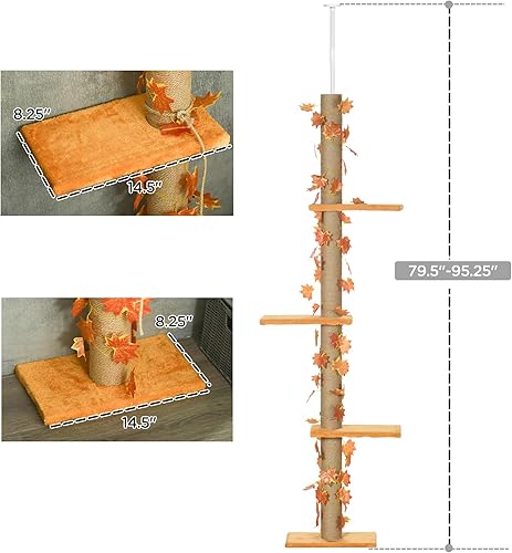 Miniatura 7 de Pawhut Árbol para gatos de piso a techo, torre para gatos de altura ajustable de 80 a 95 pulgadas, torre de escalada para gatos de 3 niveles para