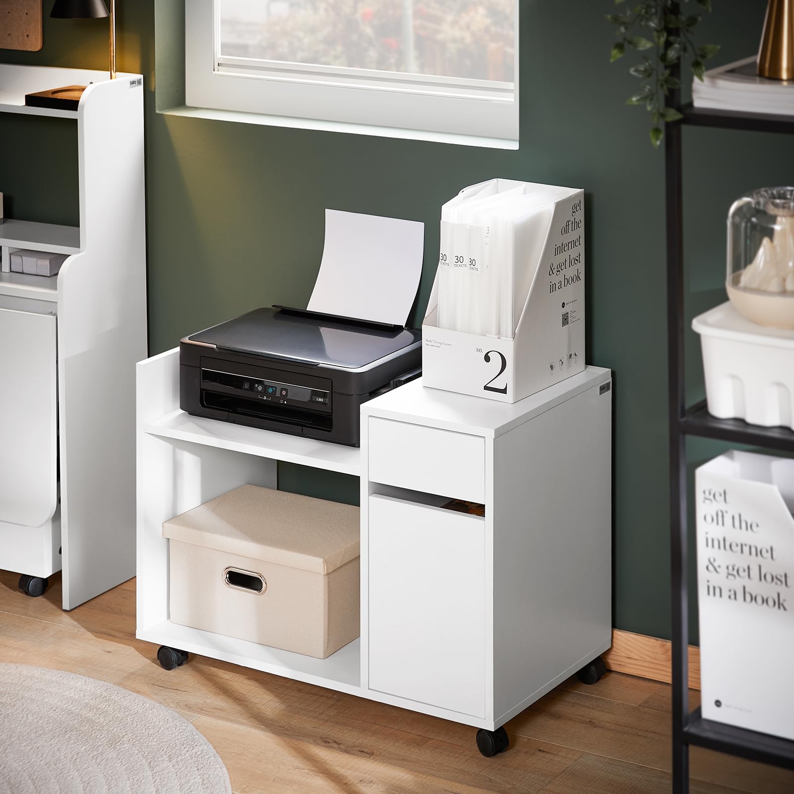 SoBuy Cassettiera con Ruote Portata fino a 38kg 72x40x54cm Ufficio | mobile stampante con cassetto, anta e vano aperto, PB E1 ASK02-W
