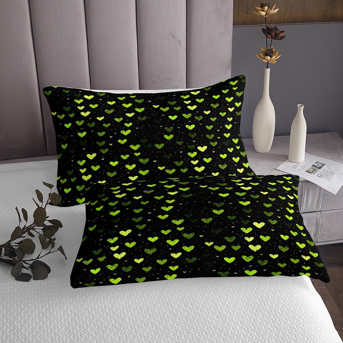 Erosebridal Green Love Heart Bedspread Set Queen Romantic Love Wedding Anniversary Quilt Set Simple Fashion Bedspread Sets Modern Valentine's Day Gift Coverlet Set Decor