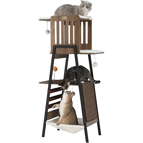 FourFurPets Modern Cat Tree, 58-Inch Cat Tower for Large Cats, Maine Coon Cat Tree with Scratching Board, Large Perch, Hammock and Removable Pads, Greige