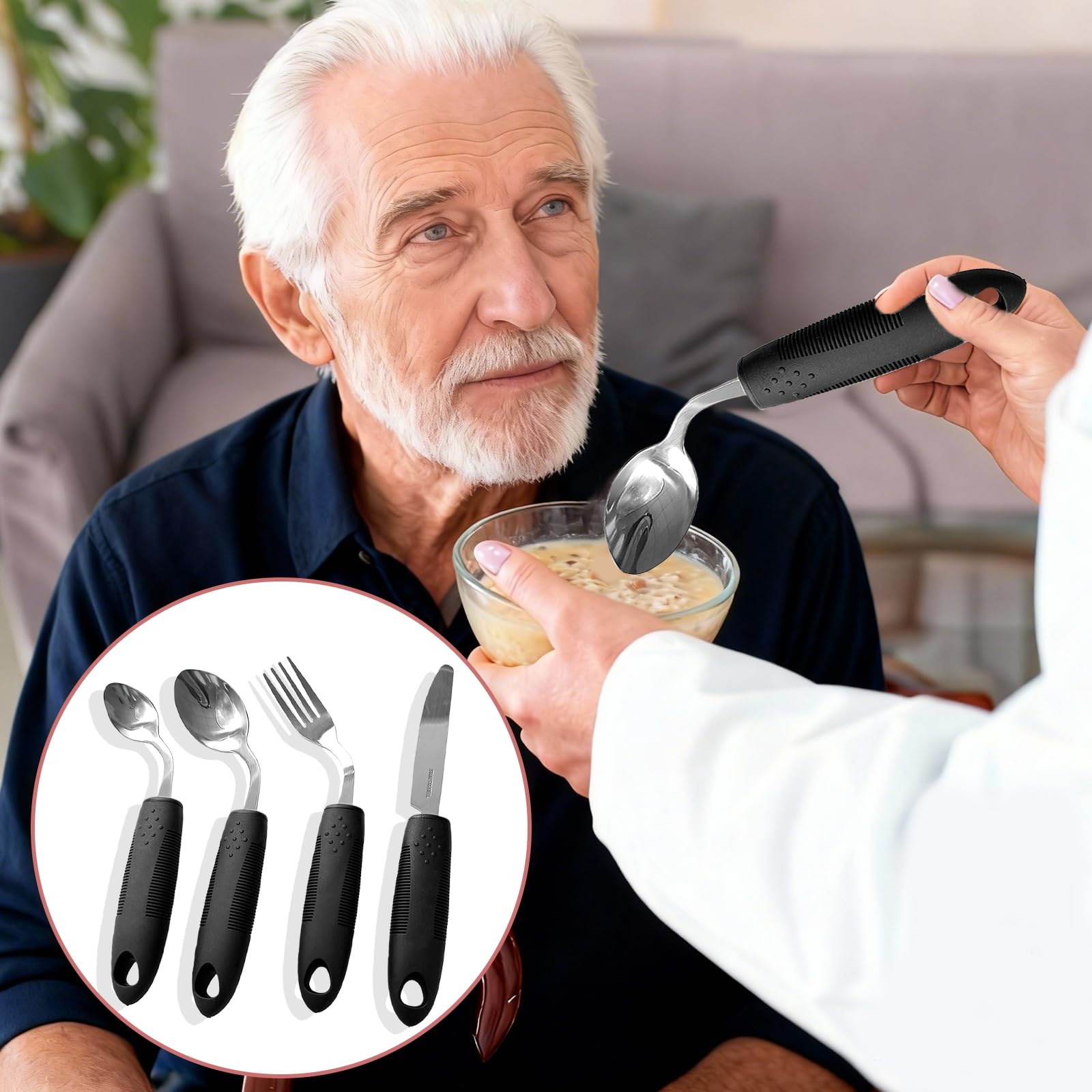 5 couverts Parkinson : ensemble de couverts adaptatifs avec fourchette/cuillère/cuillère à soupe/couteau, couverts pondérés pliés à 42° pour les tremblements de parkinson, tremblement des mains