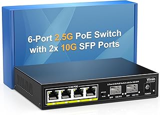 VIMIN 6-Port 2.5G PoE Switch Unmanaged, 4X 2.5GBase-T PoE Ports, 2X 10Gbps SFP, 4 Port PoE Switch w/ 60Gbps Ethernet Switching Capacity, Support IEEE802.3af/at, 65W, VLAN, Metal Housing, Fanless
