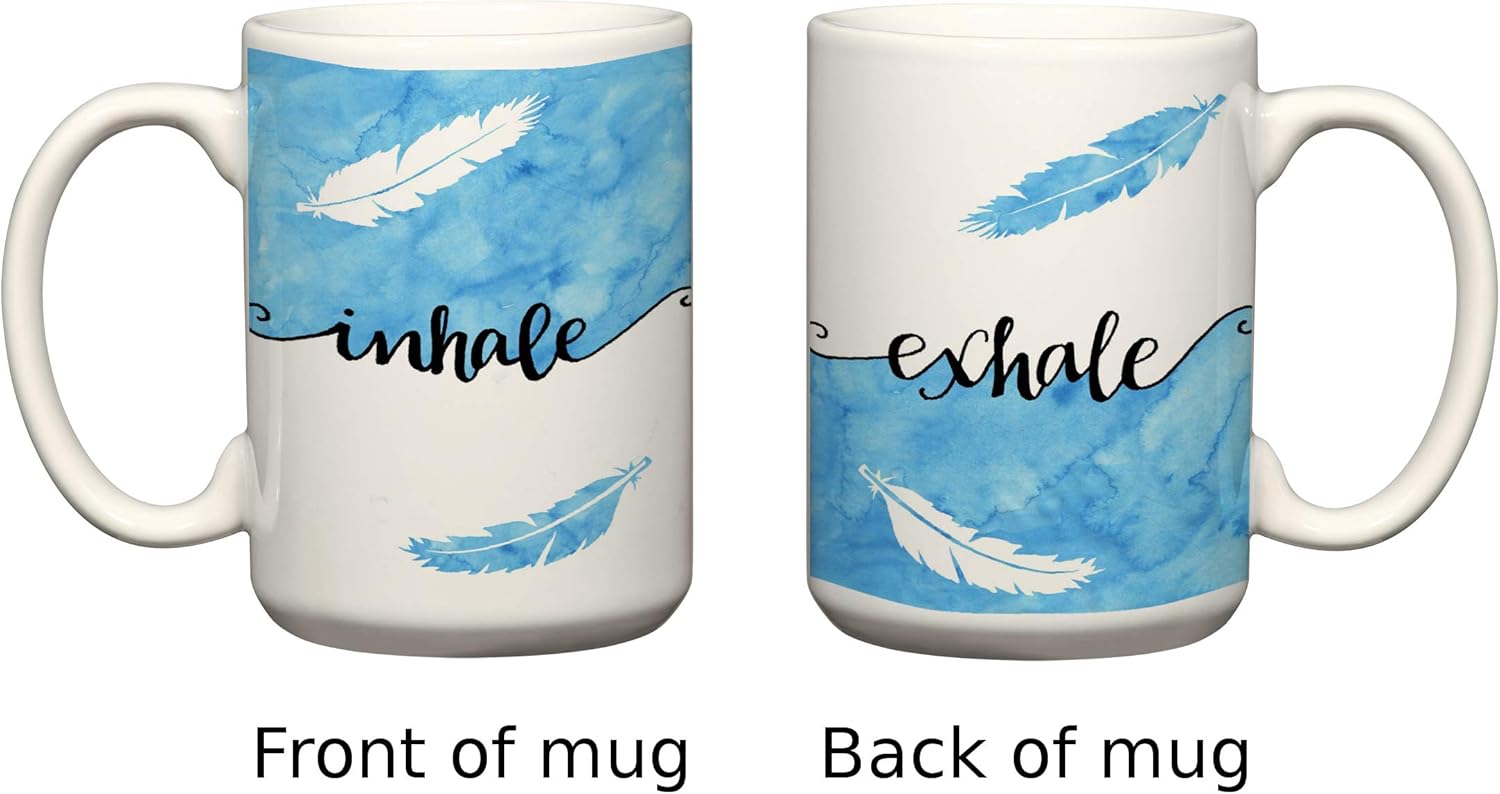 New Product Inhale Exhale Blue Feathers Watercolor 15 oz Oversized Coffee Cup Inspirational Quote Breathe Yoga Large Ceramic Mug