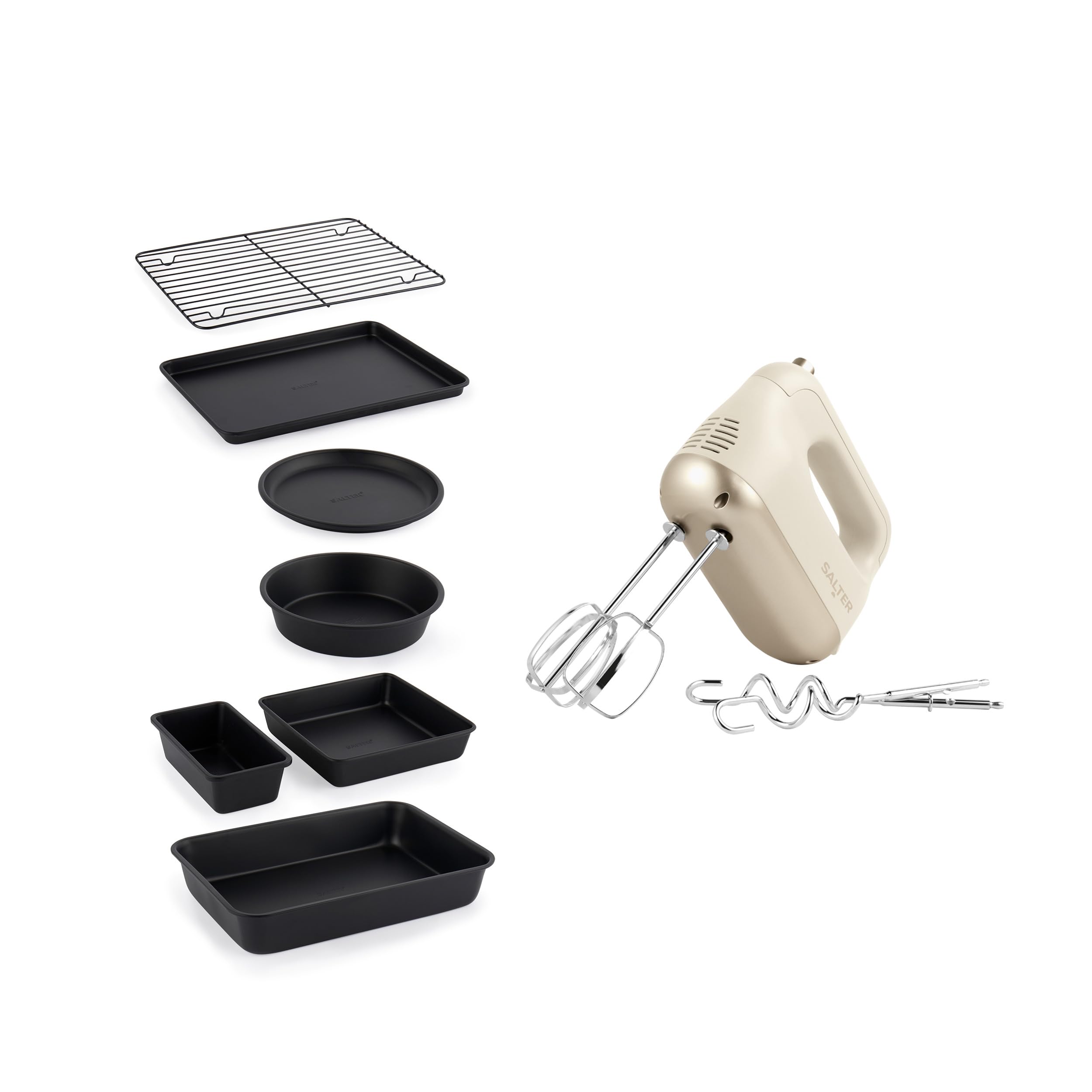 Salter Bakes Hand Mixer & Bakeware Set – Set da forno antiaderente impilabile, frusta elettrica con 5 velocità, accessori rimovibili in acciaio inox, tortiere, teglia e griglia di raffreddamento