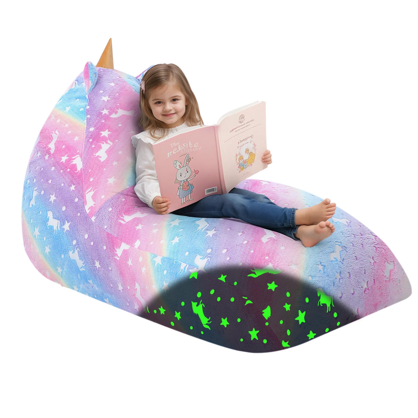 MeMoreCool Bean Bag Chair for Adult Kids, Large Beanbag Chair with Filling Included, Comfy Toddler Lounge Bean Bag Sofa, Children Lazy Floor Couch for Playroom Living Room, Glowing Unicorn