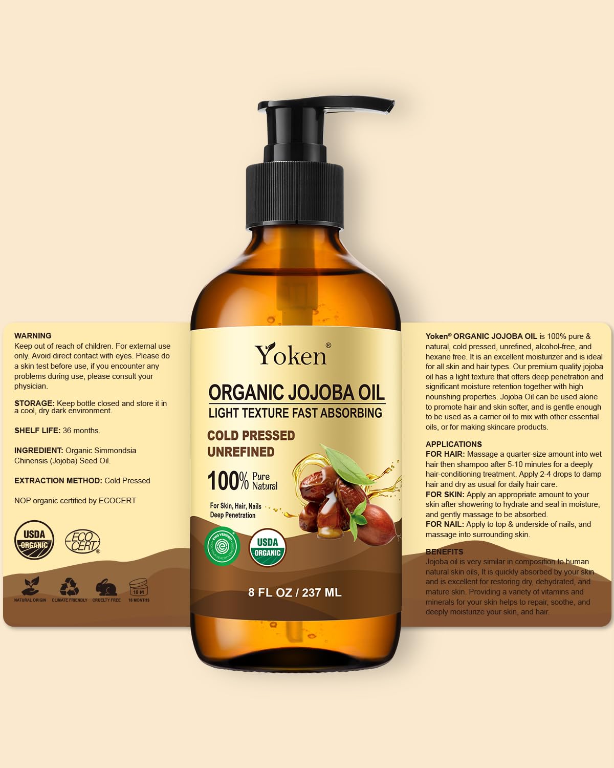 Yoken Organic Jojoba Oil, Pure Cold Pressed Unrefined