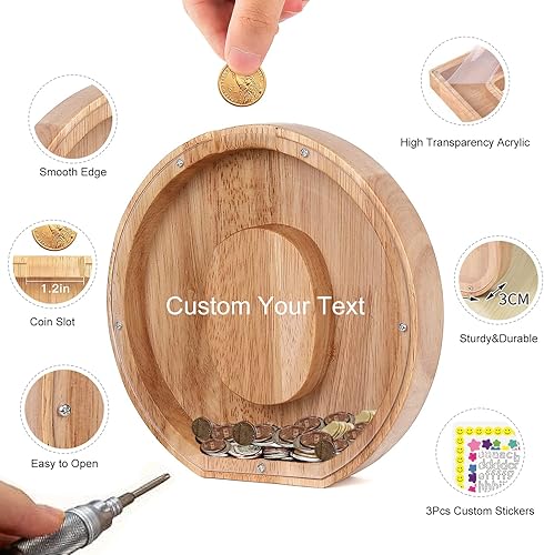 Miniatura 2 de Alcancía con letras de madera para niños y niñas banco de dinero personalizado con letras para adultos con calcomanías del alfabeto banco de monedas