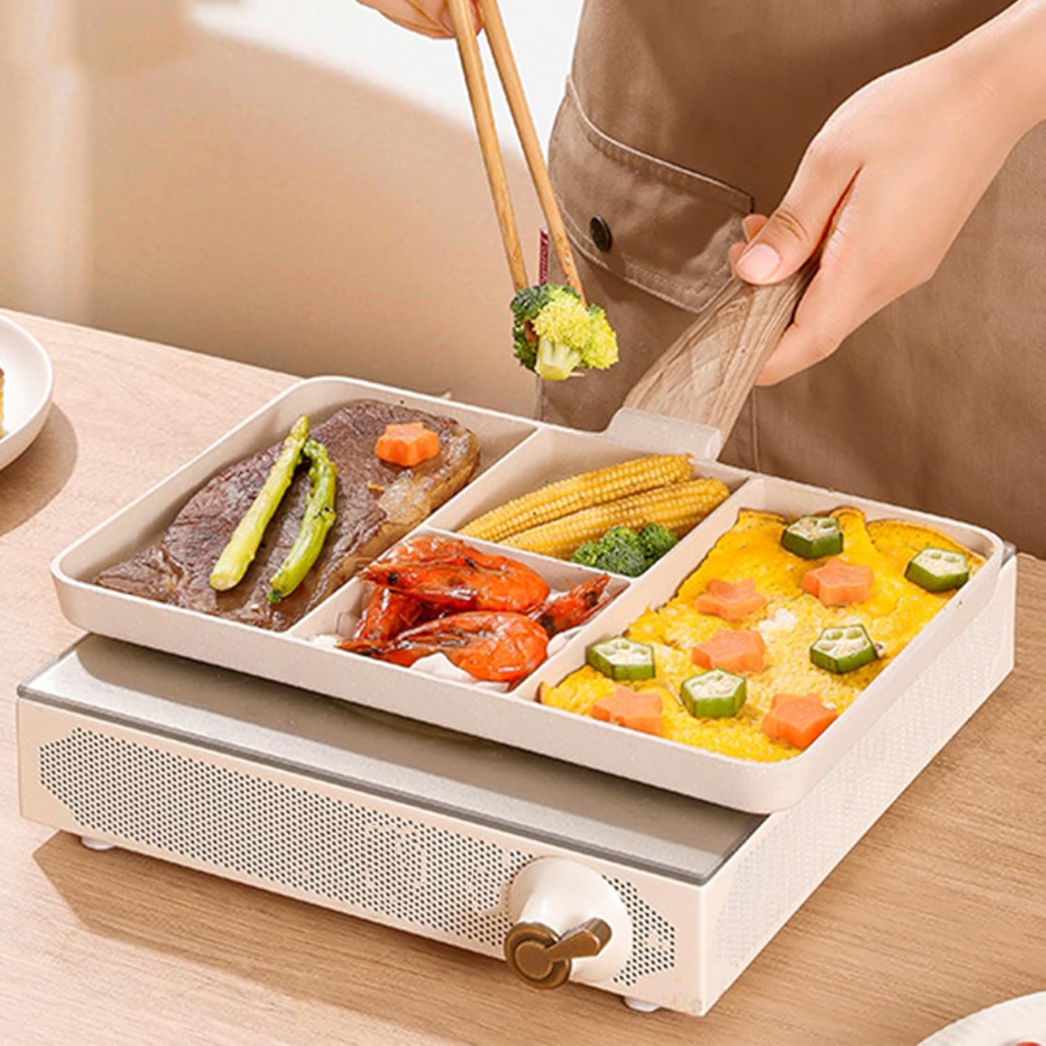 AYNEFY Egg Frying Pan,Maifan Stone 4 Sections Breakfast Skillet Divided Grill Pan Egg Omelette Pan with Wooden Handle for Frying Eggs Steak Pancake Plett Crepe(White)