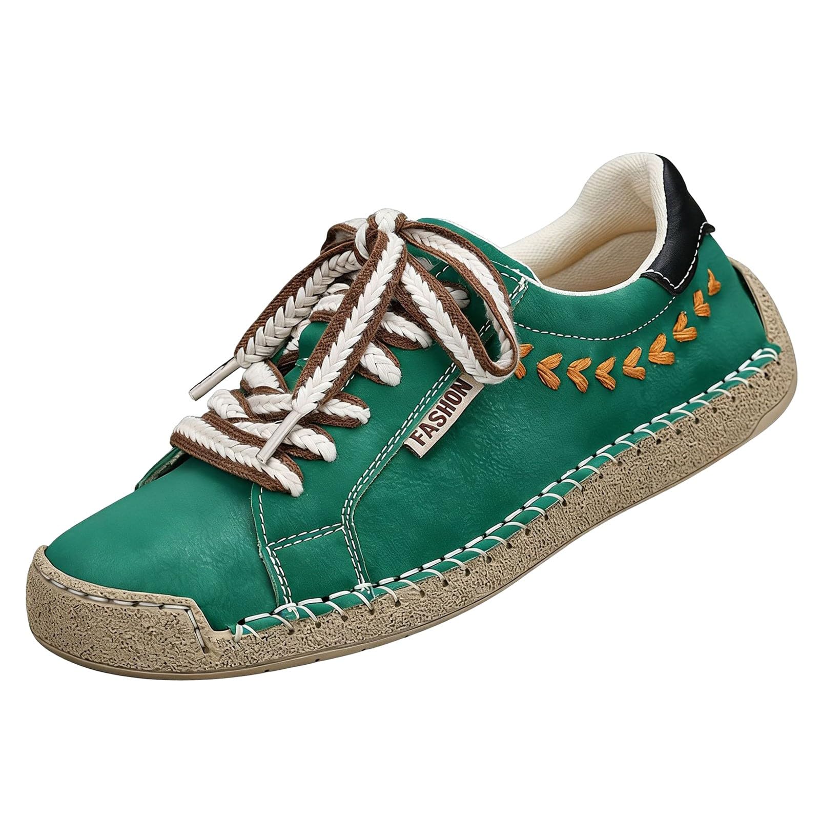 Low-Top-Sneaker für Damen und Herren, flache Stickerei, Schnürschuh, grün | Handgenähte, runde Zehenpartie, breite Passform, rutschfest, Unisex, Freizeit-Sneaker, Wanderschuhe, Urlaub, Büro