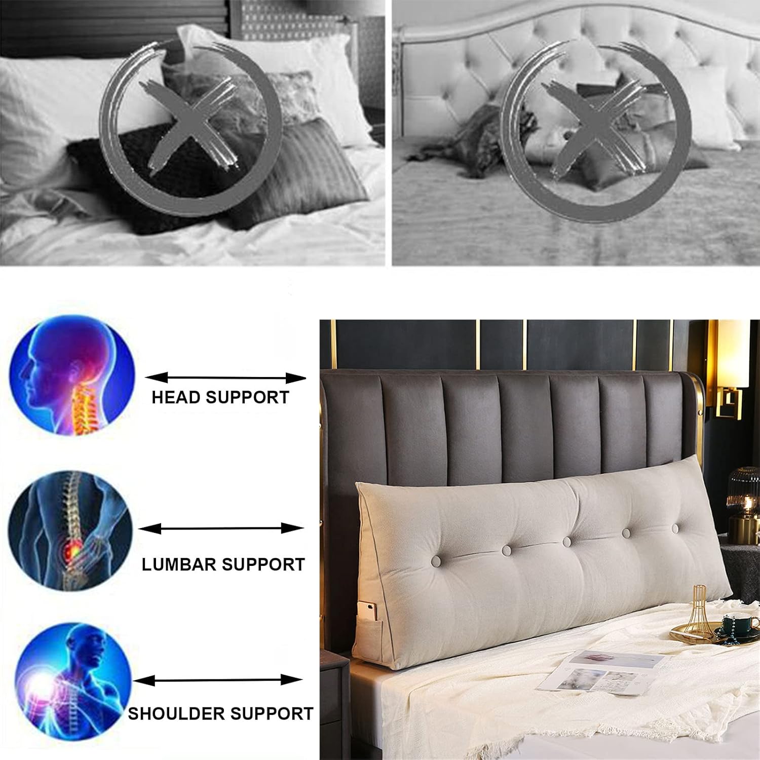 Large Triangular Reading Wedge Pillow,Dorm Room Headboard Back Daybed Bolster Positioning Support Backrest Bed Rest Cushion with Removable Cover Full Size,D,Queen 59In