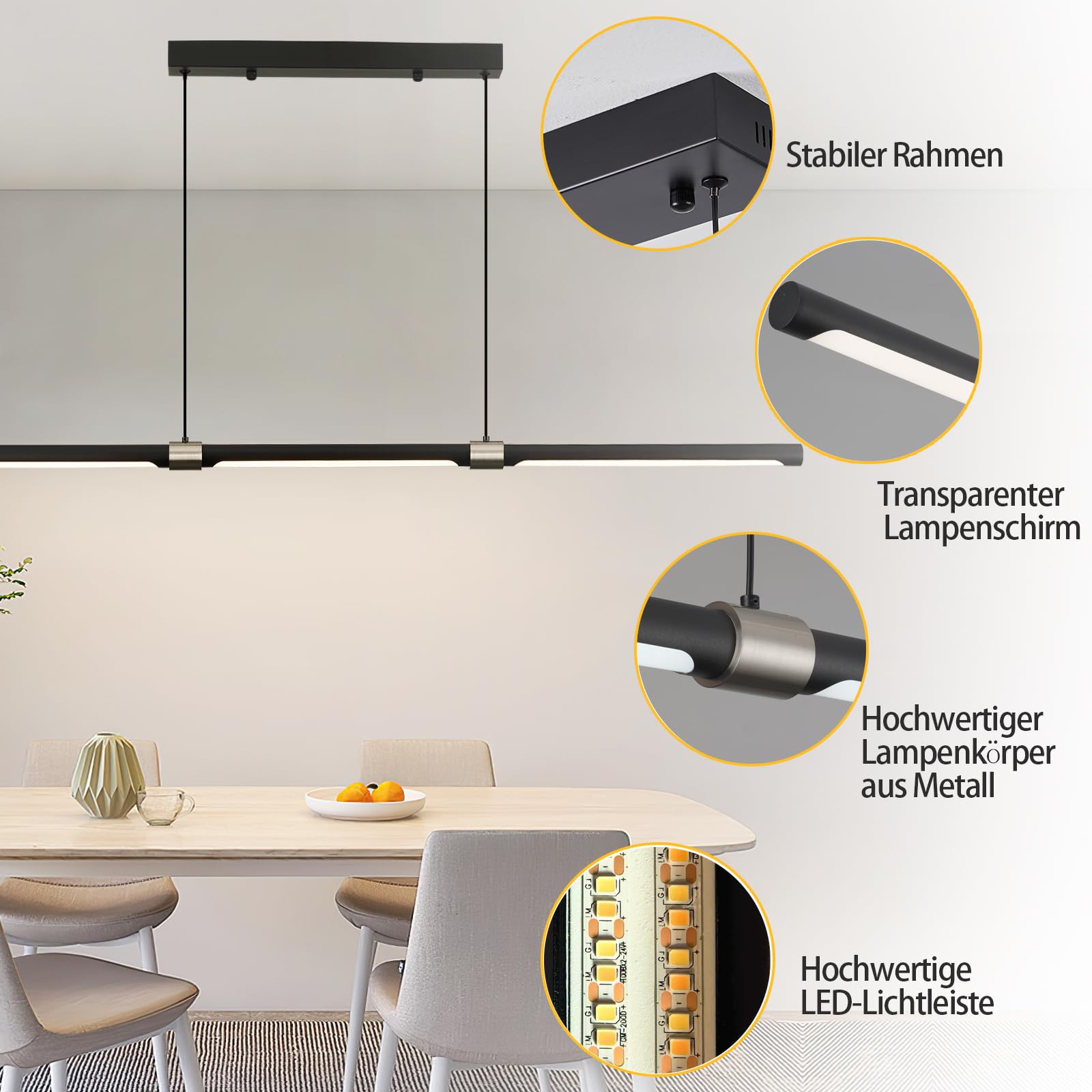 Esstisch Pendelleuchte Schwarz, 100cm 35W Led Hängeleuchte Mit Fernbedienung Dimmbar, Hängelampe Linear Design Hängend Esszimmerlampe Höhenverstellbar (100cm)