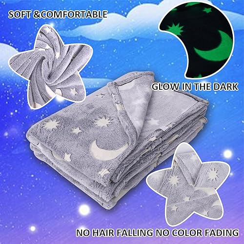 Miniatura 3 de FLYZZZ Paquete de 2 mantas suaves que brillan en la oscuridad, con diseño de estrellas y luna, 50 x 60 pulgadas, acogedora manta de franela de forro
