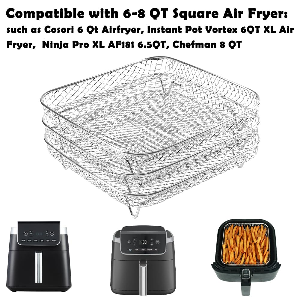 Estante cuadrado para freidora de aire de 8 pulgadas, 3 piezas apilables de acero inoxidable deshidratador con pies de silicona, accesorios cuadrados para freidora de aire Cosori, vórtice 3