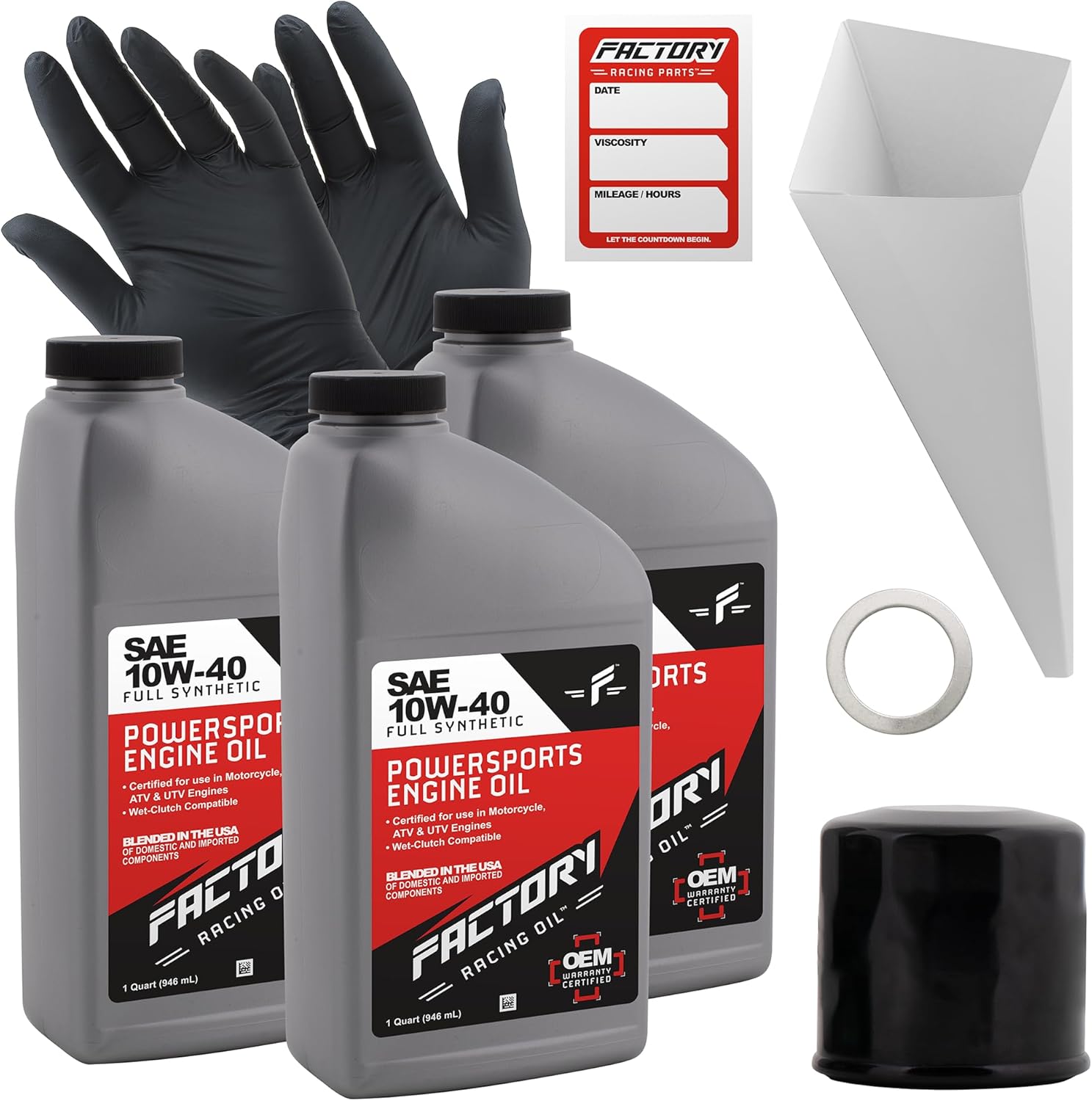 Oil Change Kit compatible with Yamaha Grizzly, Rhino, YZF-R6 – Includes 3 Quarts of SAE 10W-40 Full Synthetic Oil, 1 Filter, 1 Crush Washer, 1 Funnel, 1 Oil Change Sticker