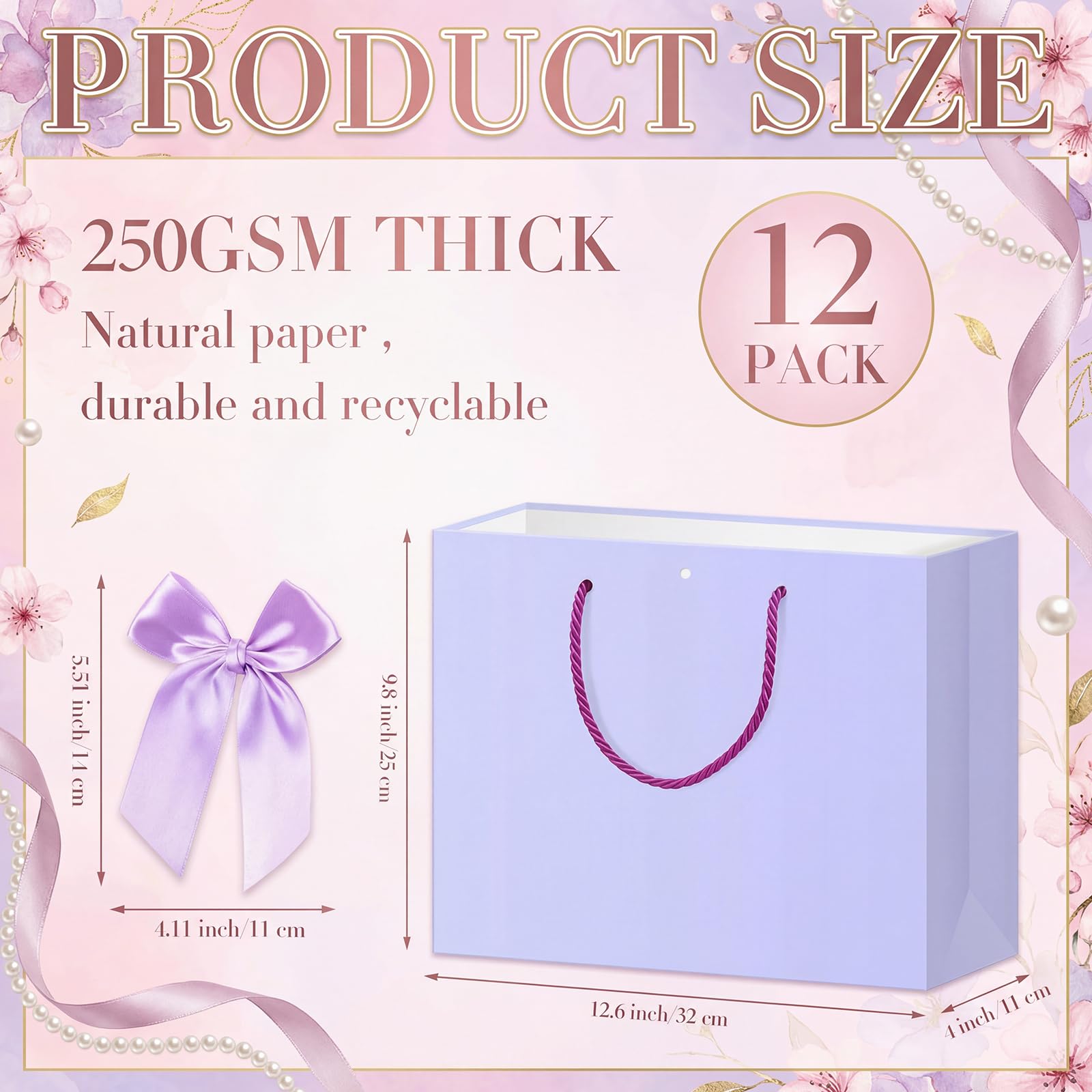 Sabary 12 Pcs Pastel Birthday Gift Bags with Handles and 24 Pre-tied Decorative Ribbon Rows, 12.6" x 9.8" x 4.3" Large Thank You Gift Bags for Easter Baby Shower Wedding Gifts Wrapping Party Supplies