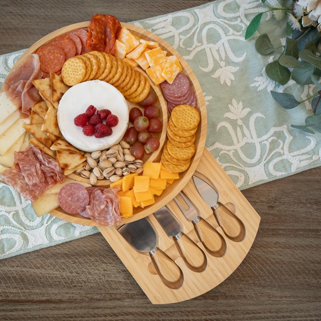 Plateau à fromage rond et planche à charcuterie - Plateau à fromage rond en bambou - Planches à fromage pour charcuterie - Coffret cadeau - Planche à fromage en bois avec couteaux - Plateau à fromage