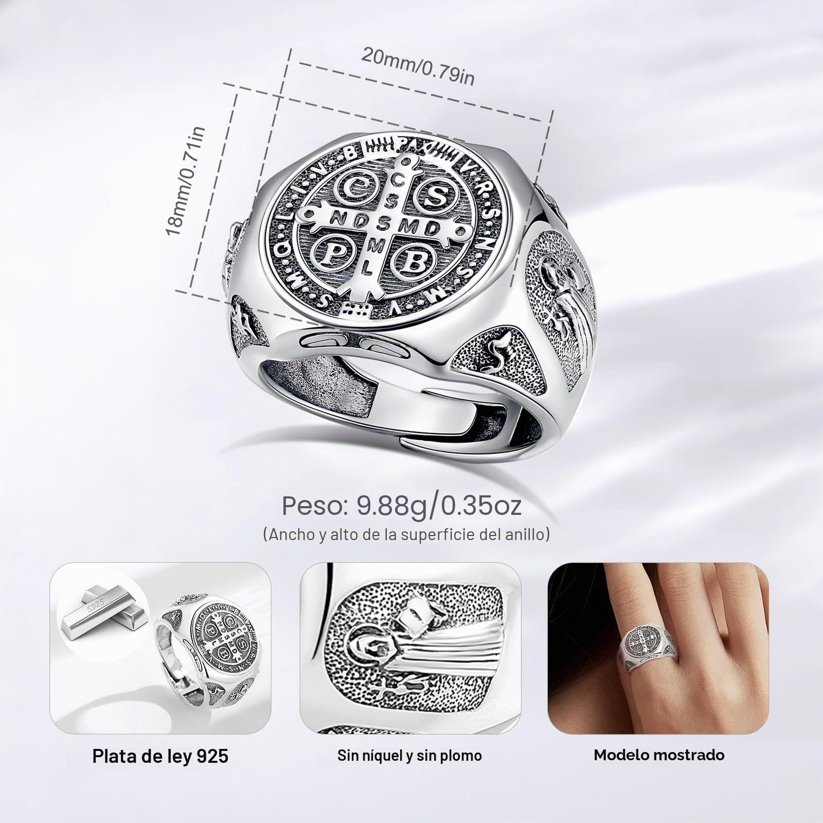 Anillo de Cruz/San Benito/Sello de los 7 Arcángeles/Cruz Ankh Plata de Ley S925 para Mujer Hombre, Ajustable Anillos Corazón de Jesús Abiertos Religión Regalo para Hombre Mujer