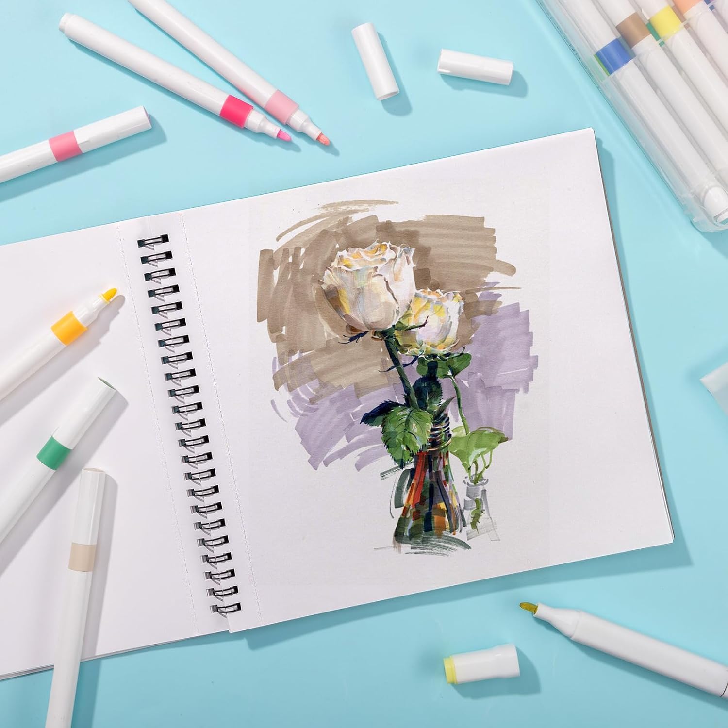 50 Sheets Marker Paper Pad, 8.3×8.9 Inch Bleedproof Art Sketch Pad, 73lb/120gsm Drawing Paper Spiral Sketch Book, Painting Coloring Alcohol Marker Paper for Beginners, Artists, Ideal Gift