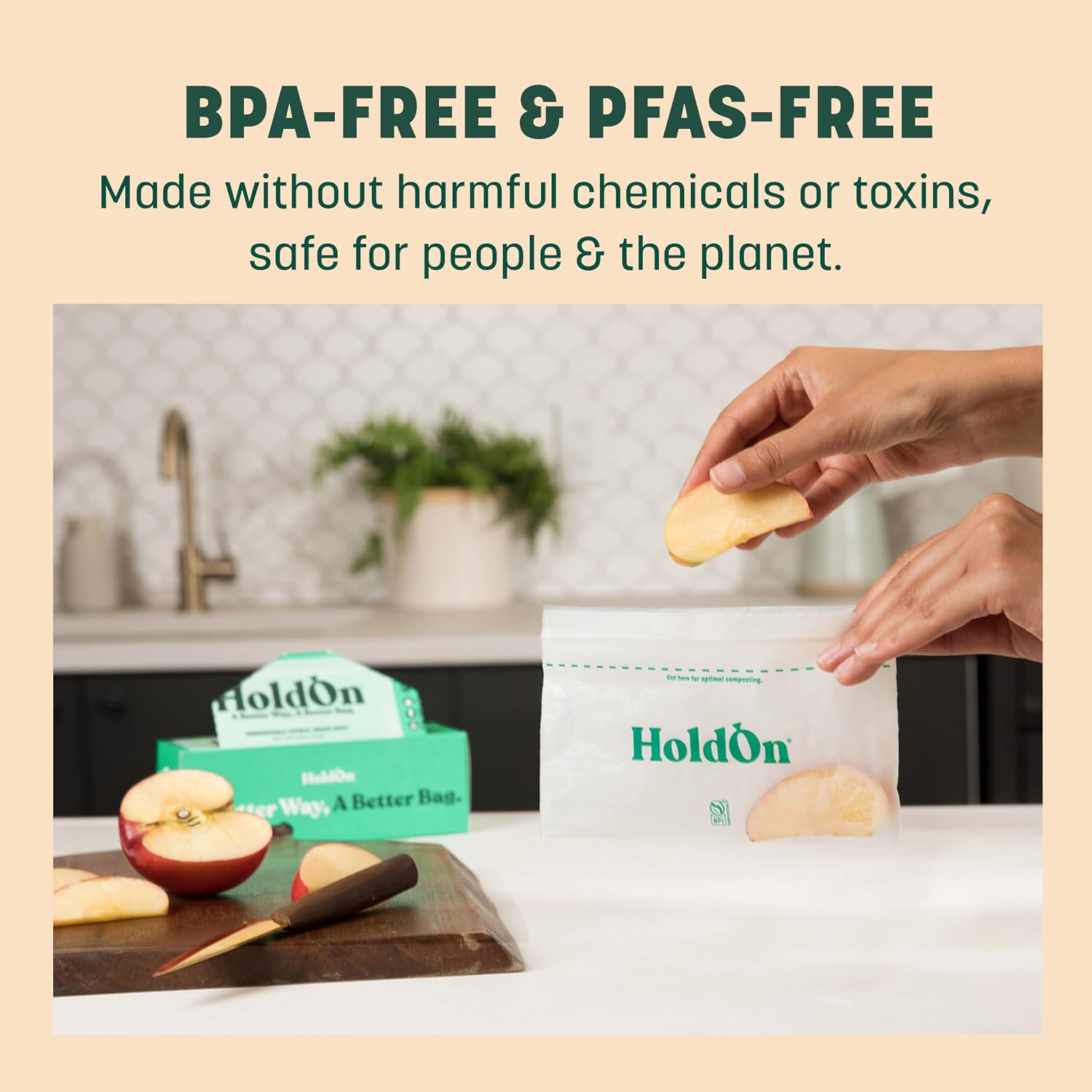HoldOn Compostable Zip Lock Snack Bags, 100 Bags - Leak Proof Resealable Snack Size Food Storage Bags for Kitchen Meal Prep, Travel & On-The-Go Kids Snacks - BPA-Free, BPI Certified