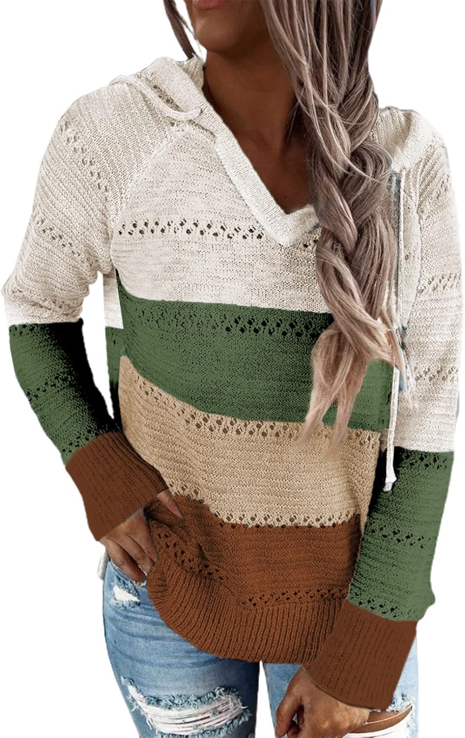 BLENCOT Women Color Block Hooded Crochet Striped Sweaters Lightweight Drawstring Hoodies Pullover Trendy Sweatshirts