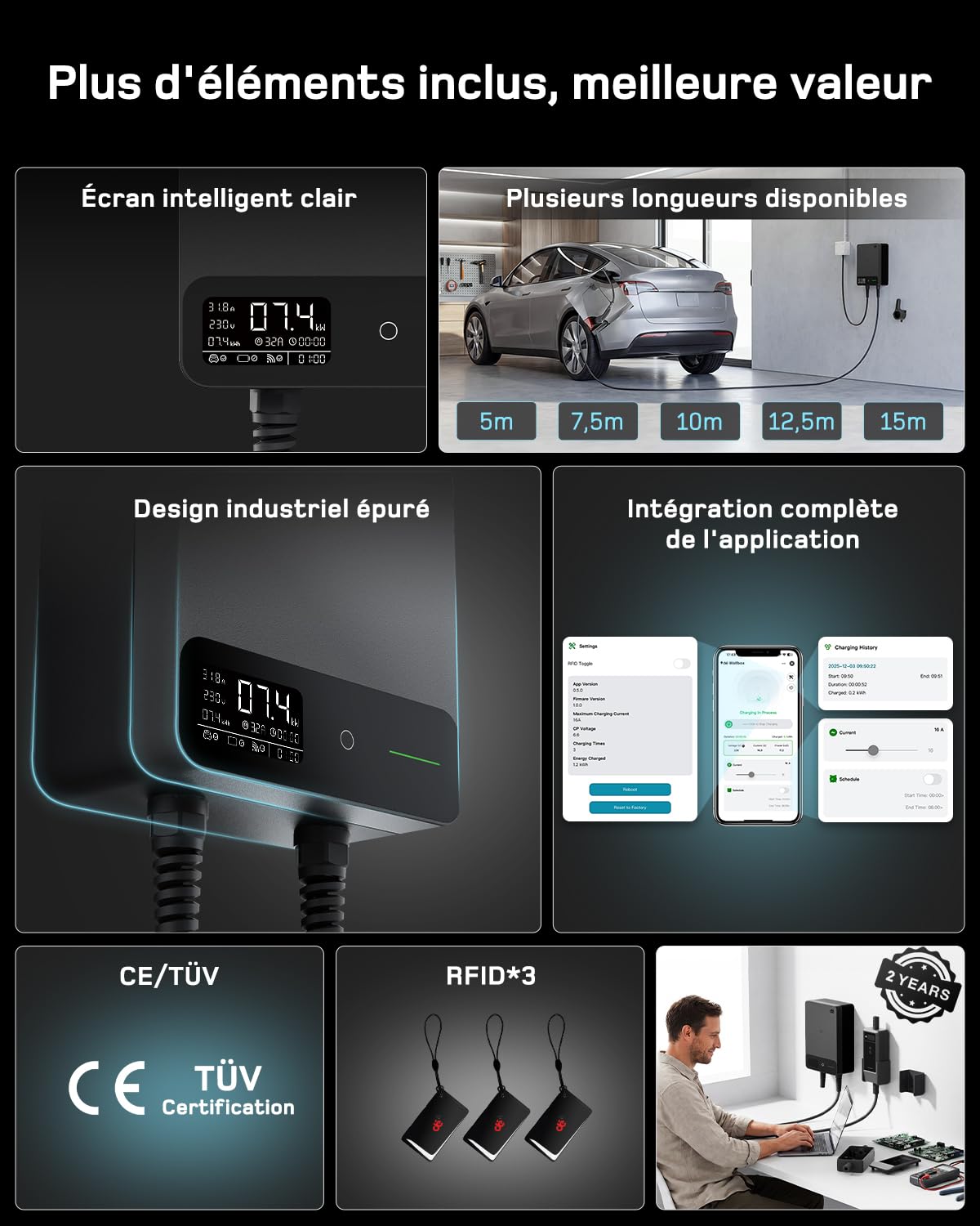 dé Borne de Recharge Véhicules Électrique 7kW avec APP, Câble Type 2 7,5m, RFID, Borne de Recharge 6-32A 230V, Wallbox 7kW avec RCD Type A 30mA AC + 6mA DC, IP54, pour E-208 & Autres BEV/PHEV, Noir