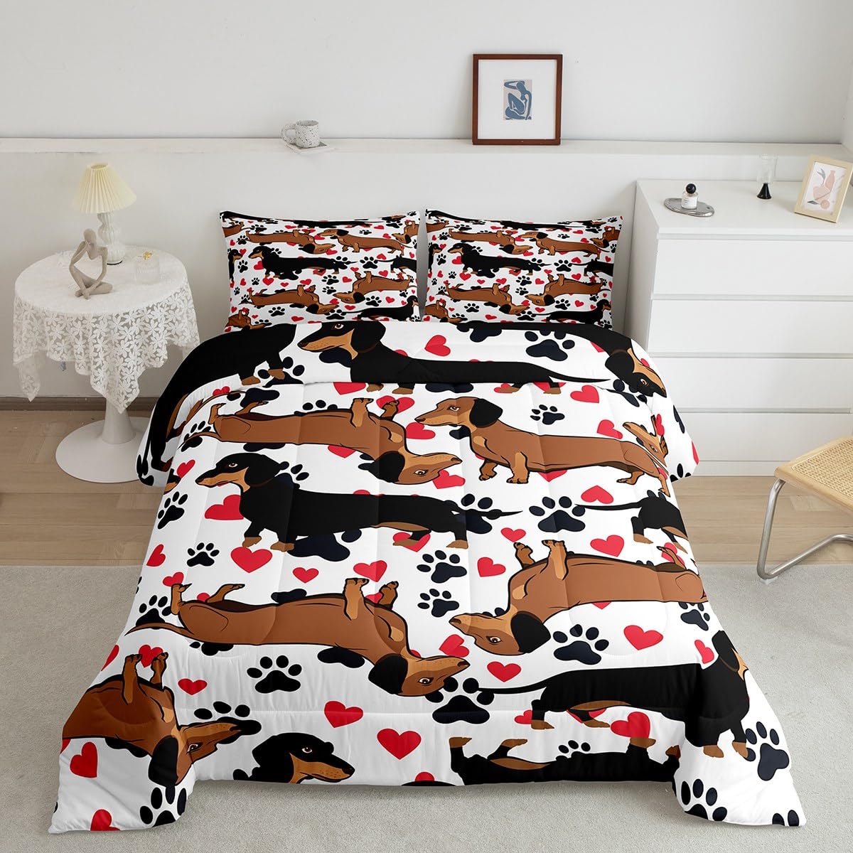 Feelyou Dachshund Bedding Set for Girls Boys Kids Sausage Dog Comforter Lovely Red Love Hearts Animal Paw Comforter Set Room Decor Cute Pet Dog Duvet Set Twin Size Bedspreads Coverlet Sets 2Pcs Boys