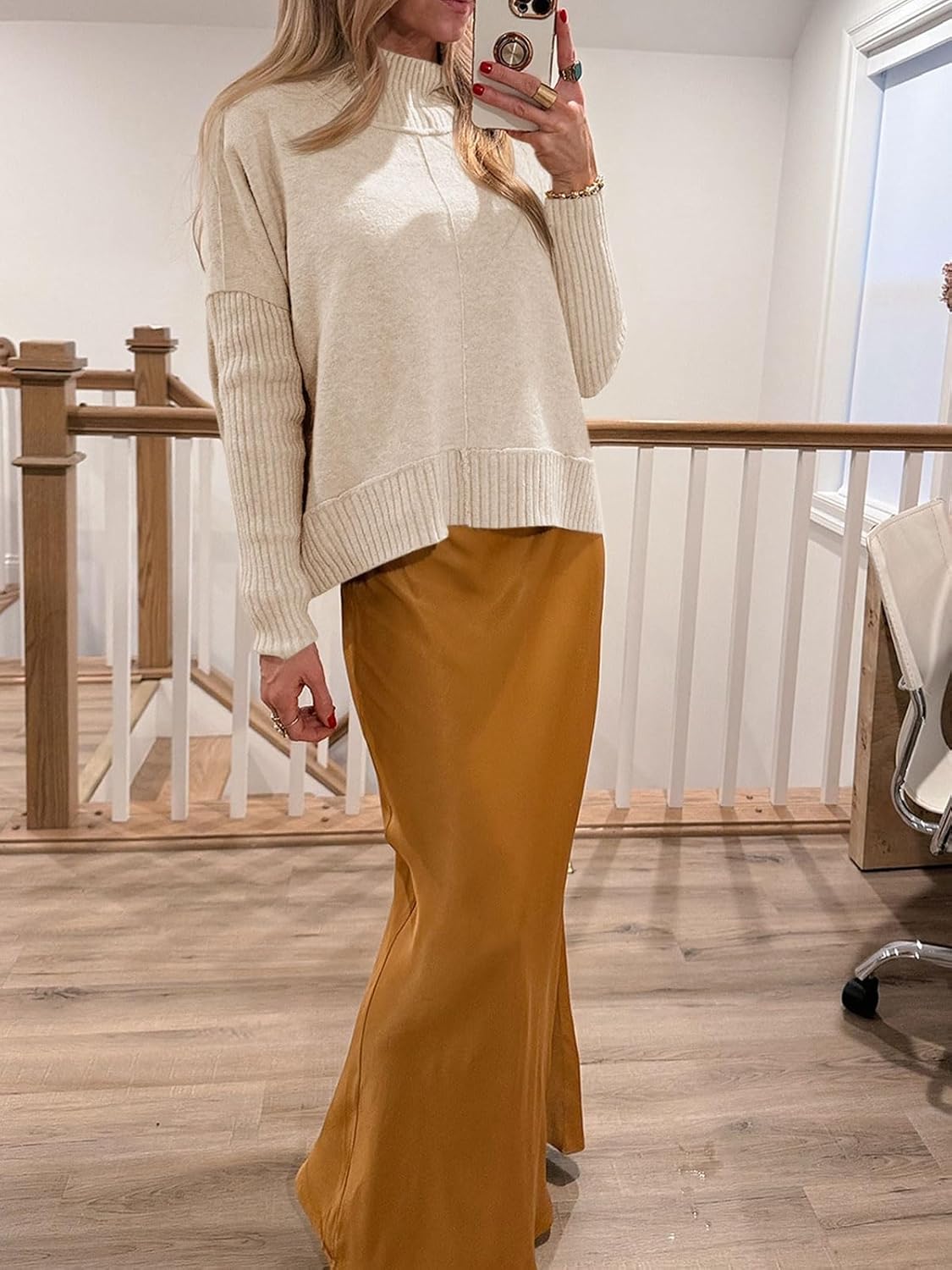 Saodimallsu Womens Mock Neck Sweater Tops Fall Long Sleeve Loose Casual Soft Knit Batwing Pullover Sweaters - Image 4