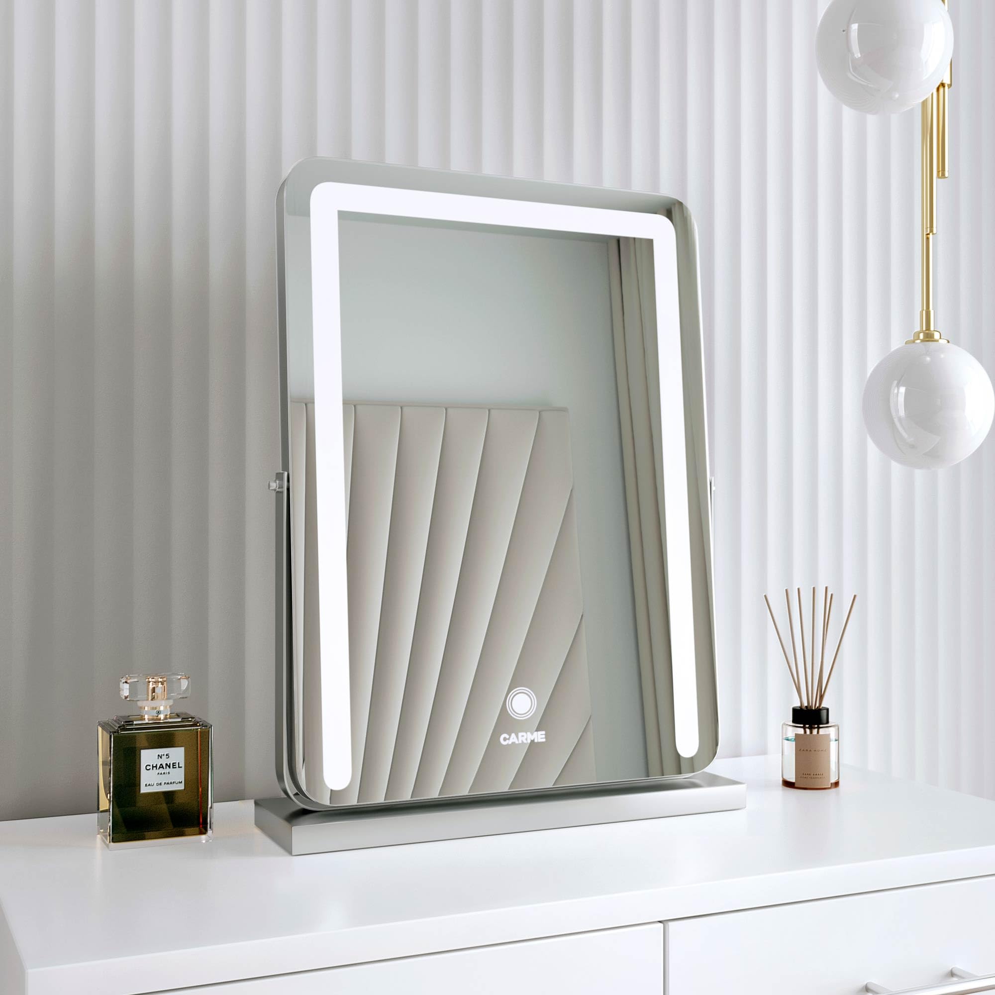 FABS Desktop Vanity Illuminated Makeup Mirror with Touch LED Lights Sensor Dimmable Brightness Lighted Frameless Mirror Silver (Mia)