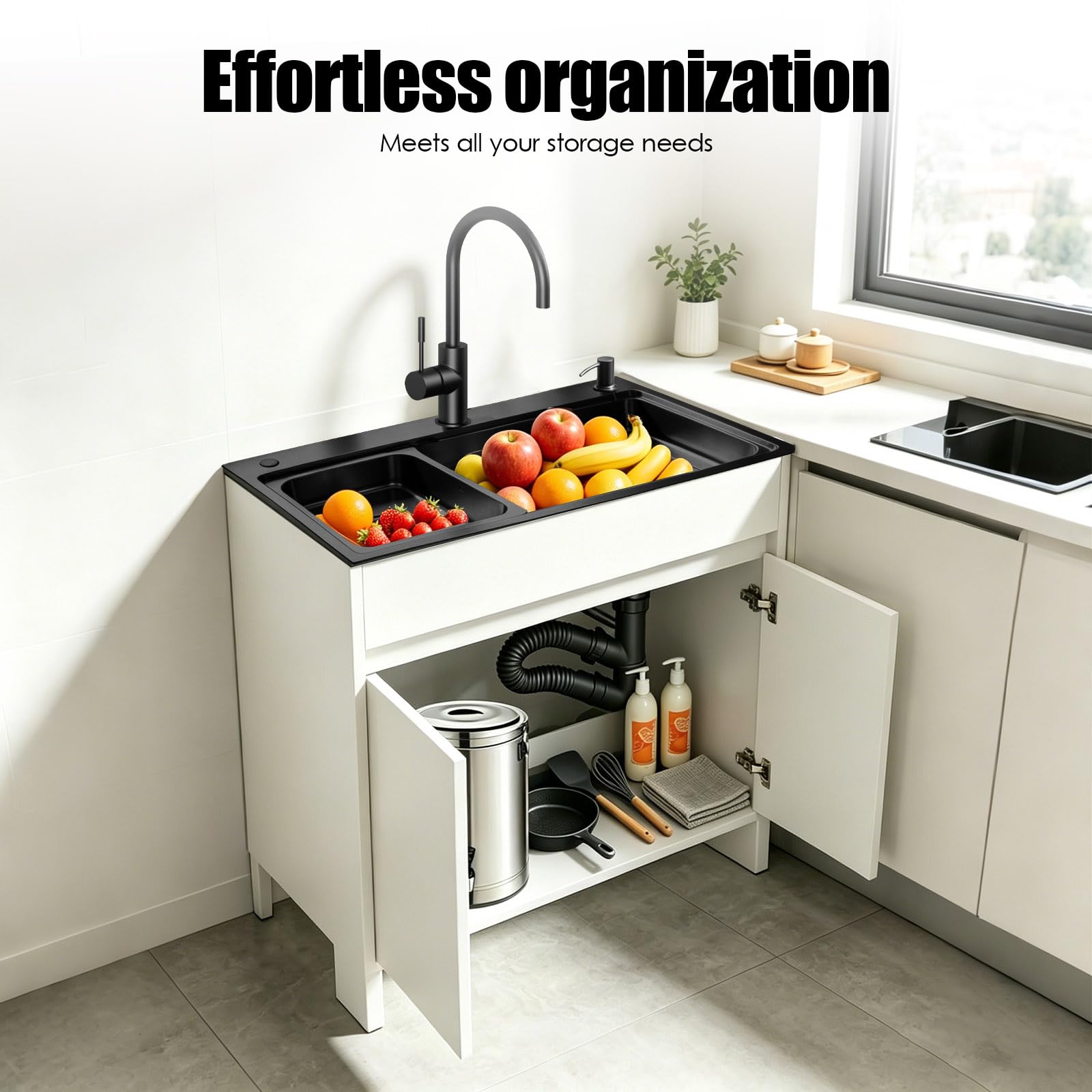 Mueble Fregadero Lavadero, Armario de Aluminio de Nido de Abeja Impermeable con Fregadero de Acero Inoxidable Negro Nano, Lavadero Portante Exterior/Interior con Grifo Cuello de Cisne, Blanco/Gris