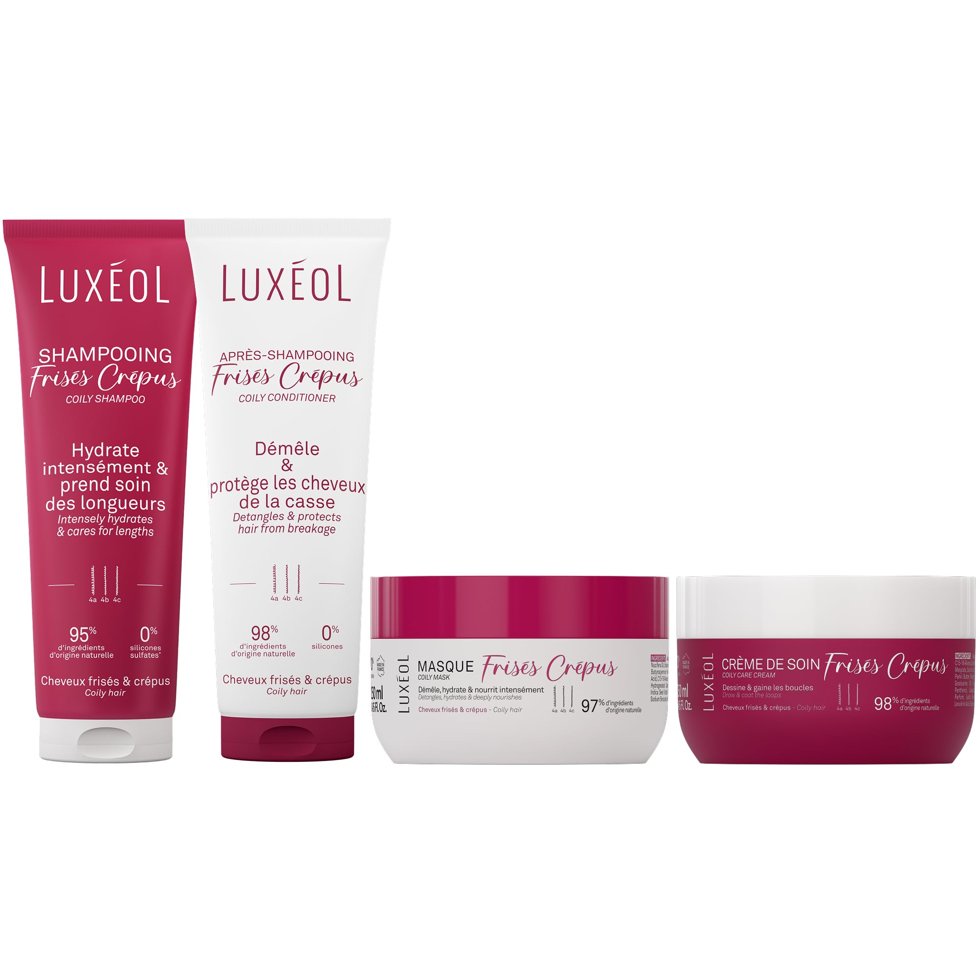 LUXÉOL - Routine Frisés Crépus - Hydrate, Nourrit & Définit les Boucles - Shampooing (250 ml) + Après-Shampooing (250 ml) + Masque (250 ml) + Crème de Soin (250 ml) - Fabriqués en France