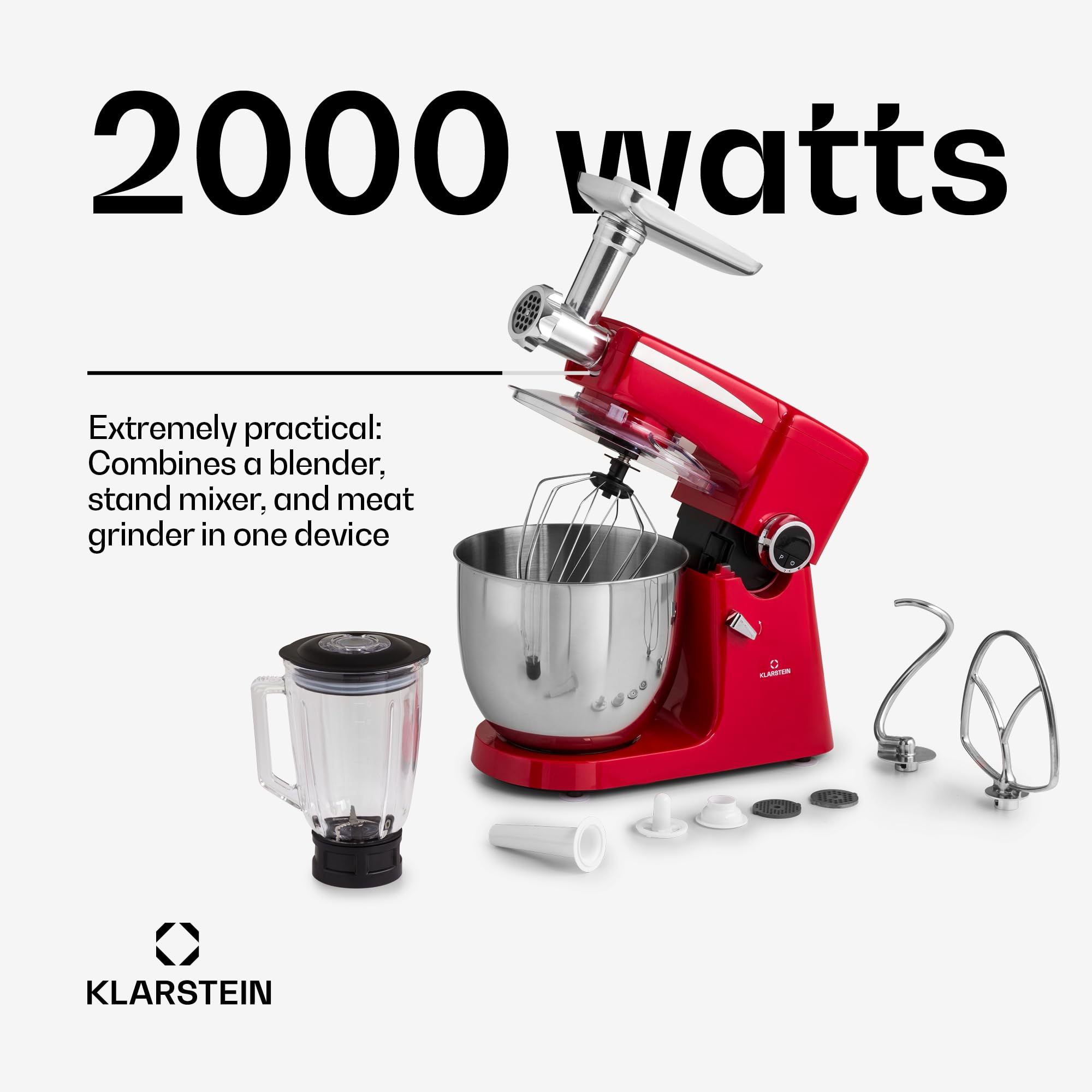 Klarstein Robot kuchenny, uniwersalny robot kuchenny, 3 w 1, mikser i miksery, maszyna do robienia ciasta z maszynką do mięsa, robot kuchenny, maszyna do ugniatania ciasta, miska 10 l, 2000 W