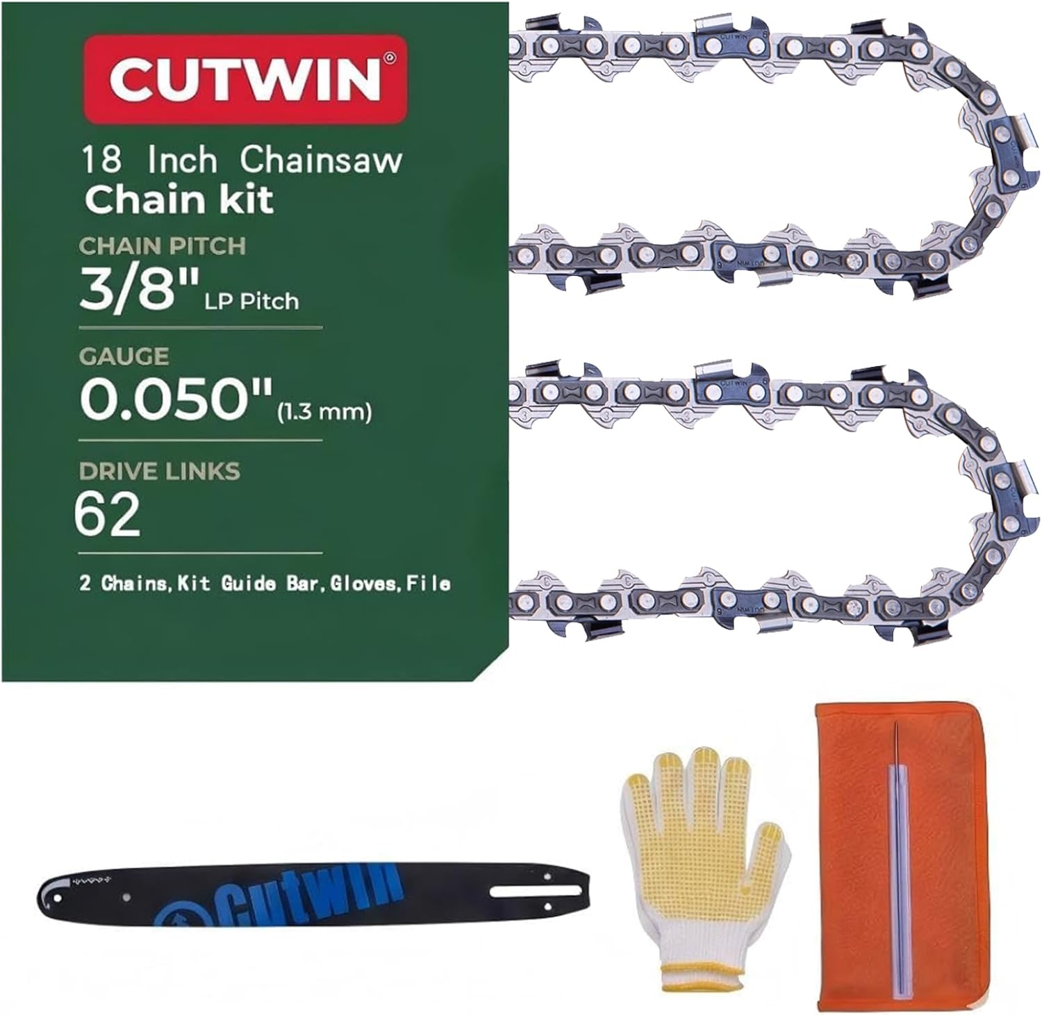 18 Inch Chainsaw Chain Kit,3/8" LP Pitch 0.050" Gauge 62 Drive Links | 2 Chains+Guide Bar+Gloves+File,Fits STIHL,Husqvarna,Echo,Ryobi,Greenworks,Ego&More