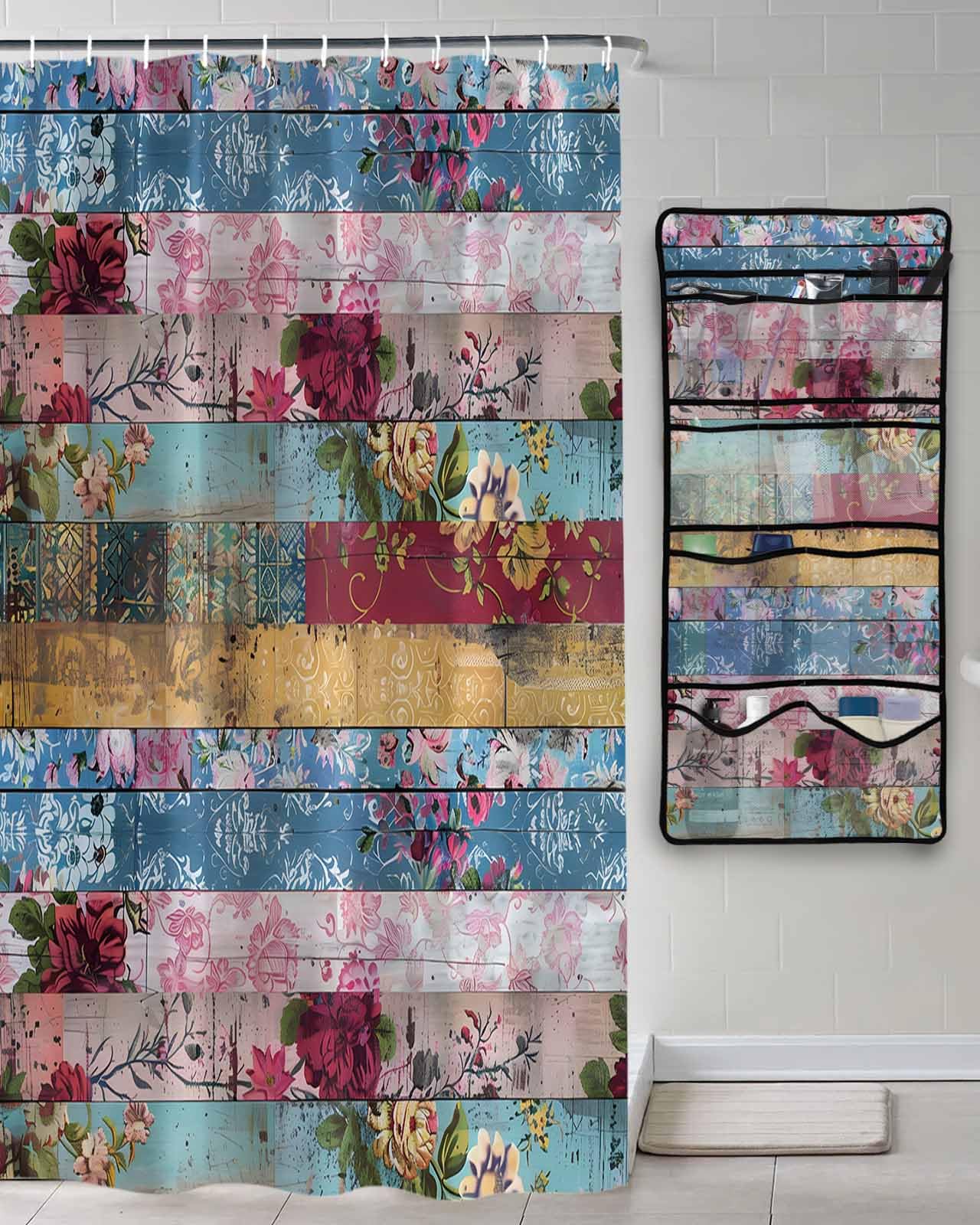 Decorative Shower Curtain Sets Wooden Grain Floral Polyester Fabric Waterproof Bath Shower Curtains Vintage Flowers Texture Pink Mesh