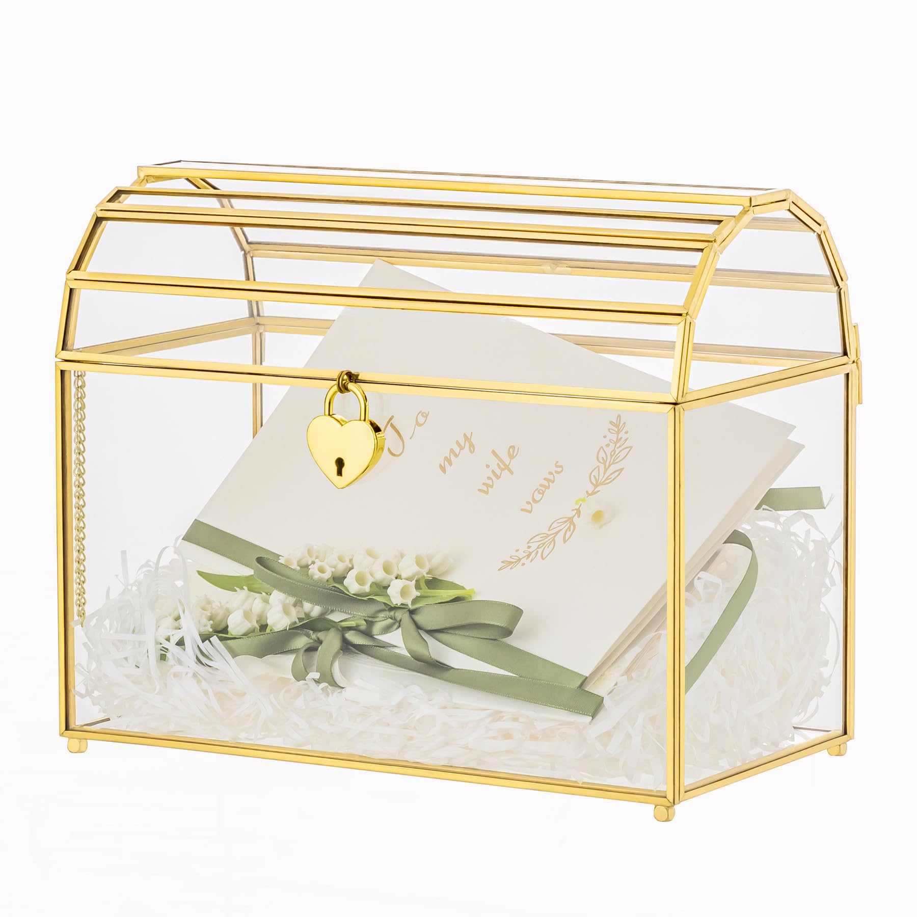 NCYP 26x14x21,5cm Scatola per biglietti di nozze con fessura e serratura in vetro dorato, per feste di compleanno, ricevimenti, vintage, design ad arco (Solo Scatola di Vetro e Lucchetto)