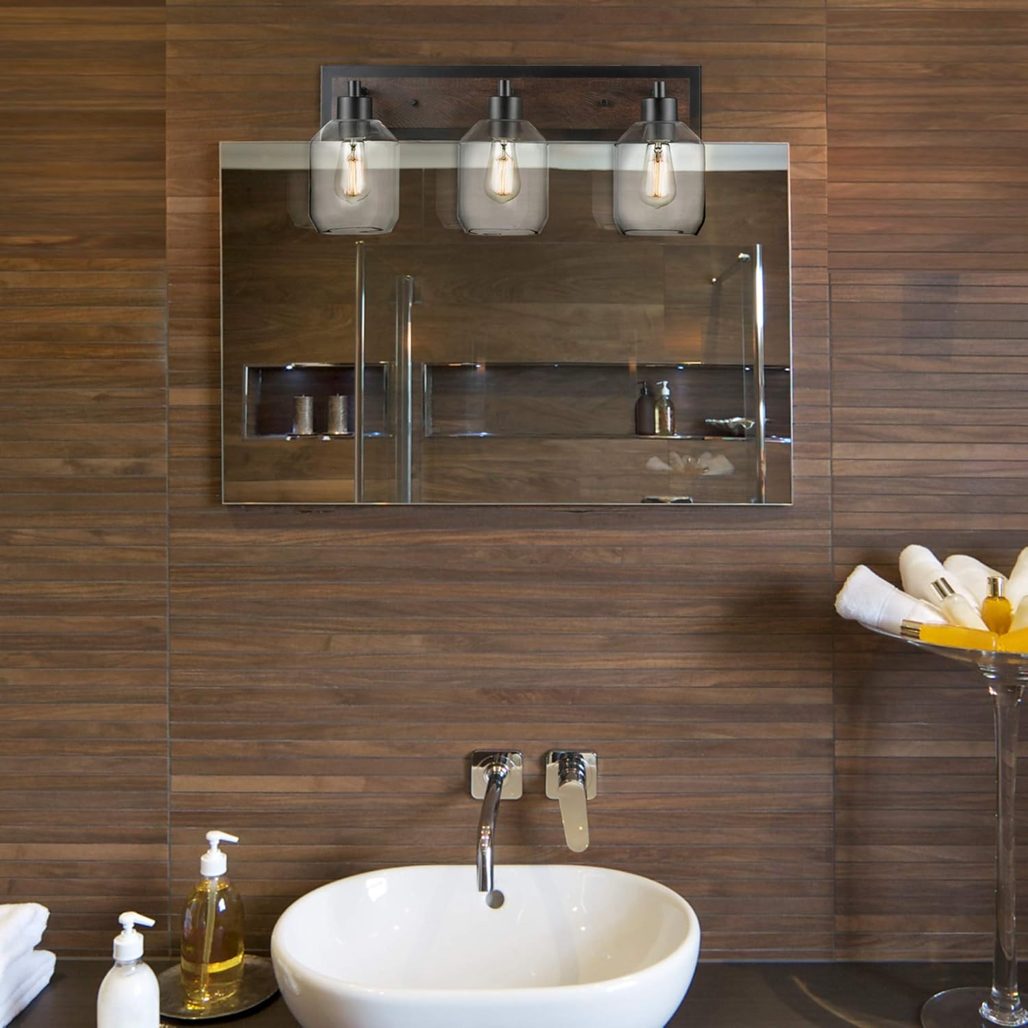 GLOBE Electric Williamsburg 3-Light Vanity Light, Matte Black, Faux Wood Accent, Clear Glass Shades