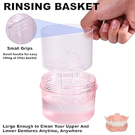 Denture Case, Leak Proof Denture Bath Cup for Travel, Denture Container Cups for Soaking Full & Partial Dentures, Retainers, Denture Cleaning Kit Holder Box with Denture Cleaner Brush-Transparent Pink