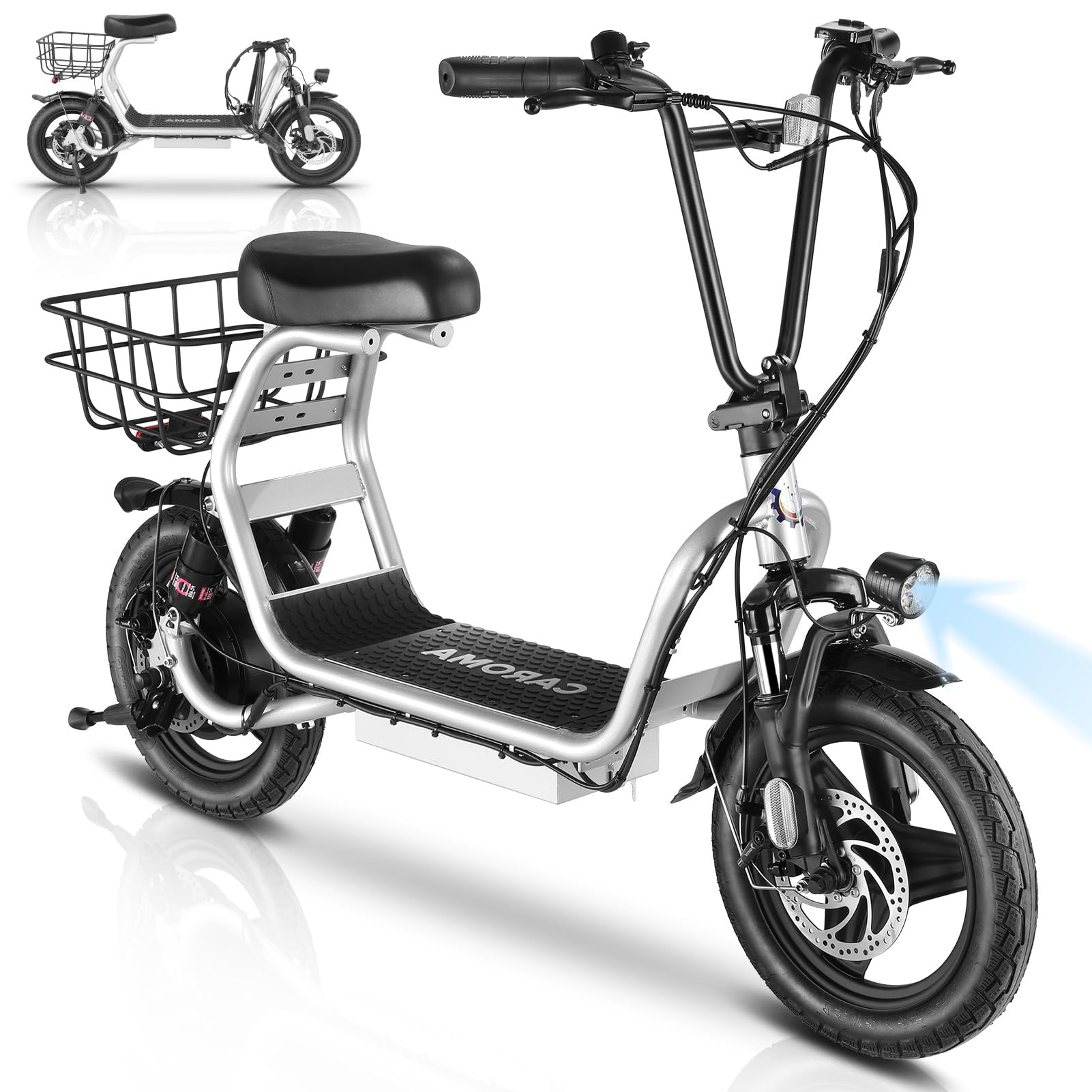 Caroma Electric Scooter with Seat, 14" Fat Tire Electric Scooter Adults, 15 Miles Range&20 Mph Power by 560W Peak Motor,Foldable Adult Electric Scooter for Commuting with Basket&Shock Absorbing