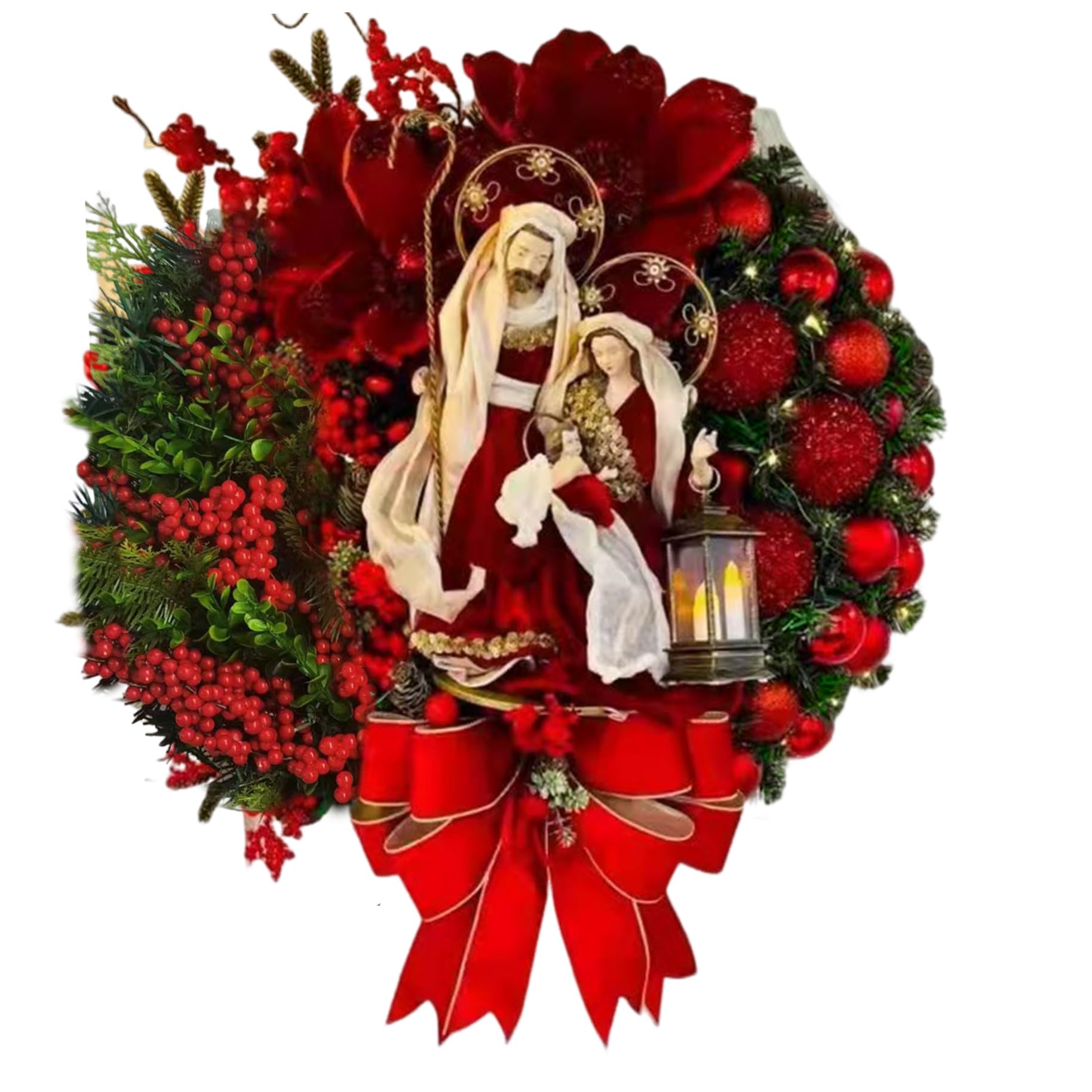 Couronne de Noël pour porte avec jésus et feuilles suspendues de style chalet