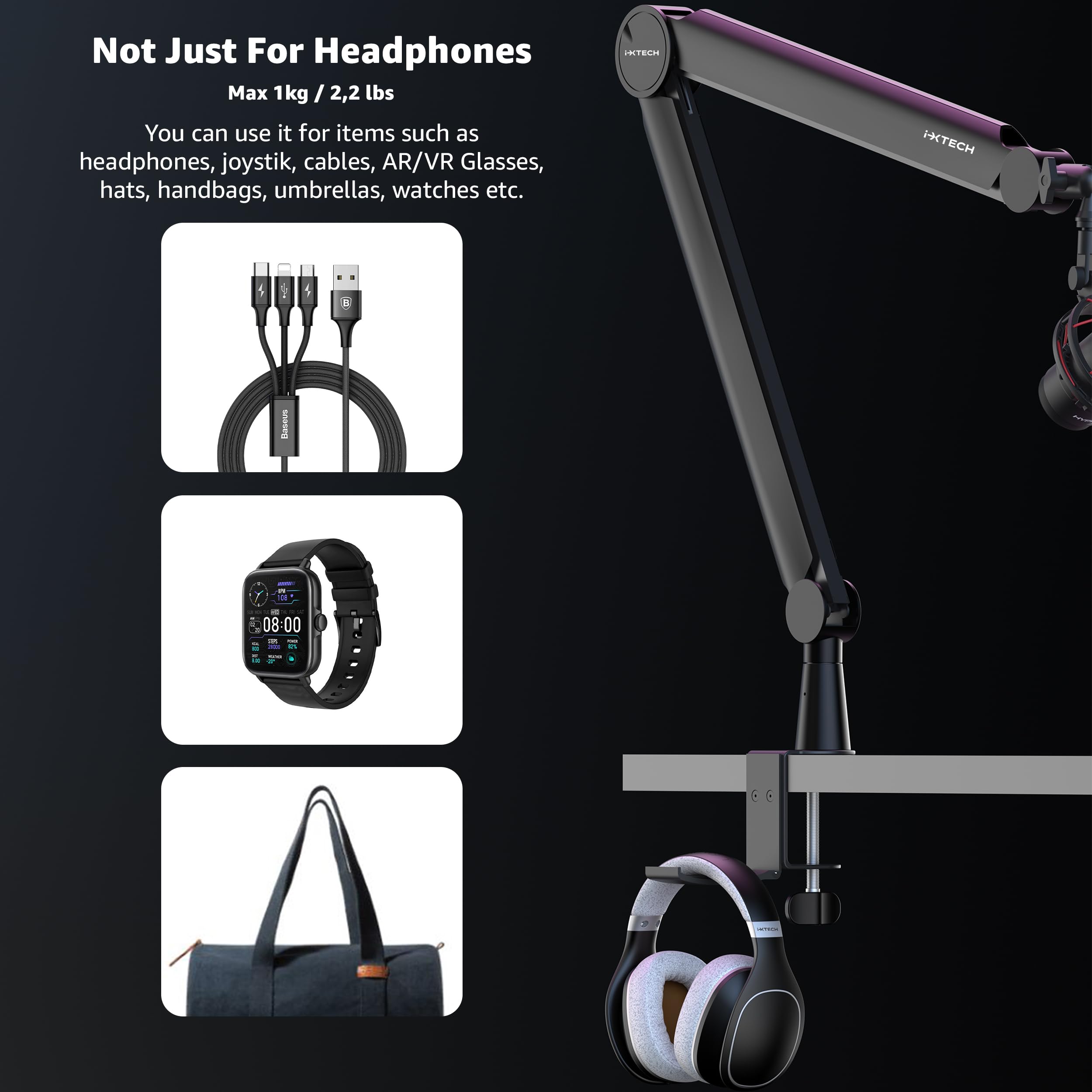 IXTECH マイクアーム ホワイト プレミアムブーム 360°回転 スタンド